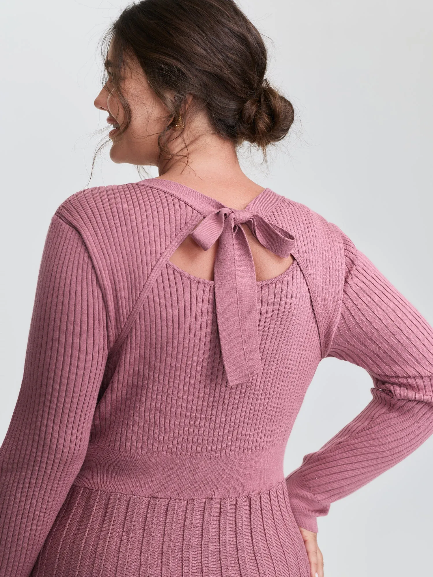 Ribbed Cinched-Waist Bowtie Sweater Dress sold by Bloomchic