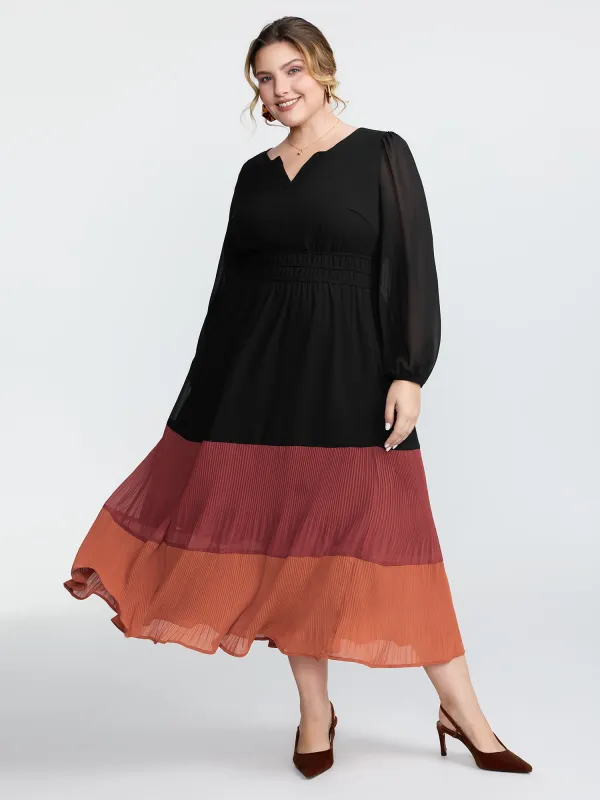 Chiffon Color Contrast Pleated Pockets Maxi Dress sold by Bloomchic