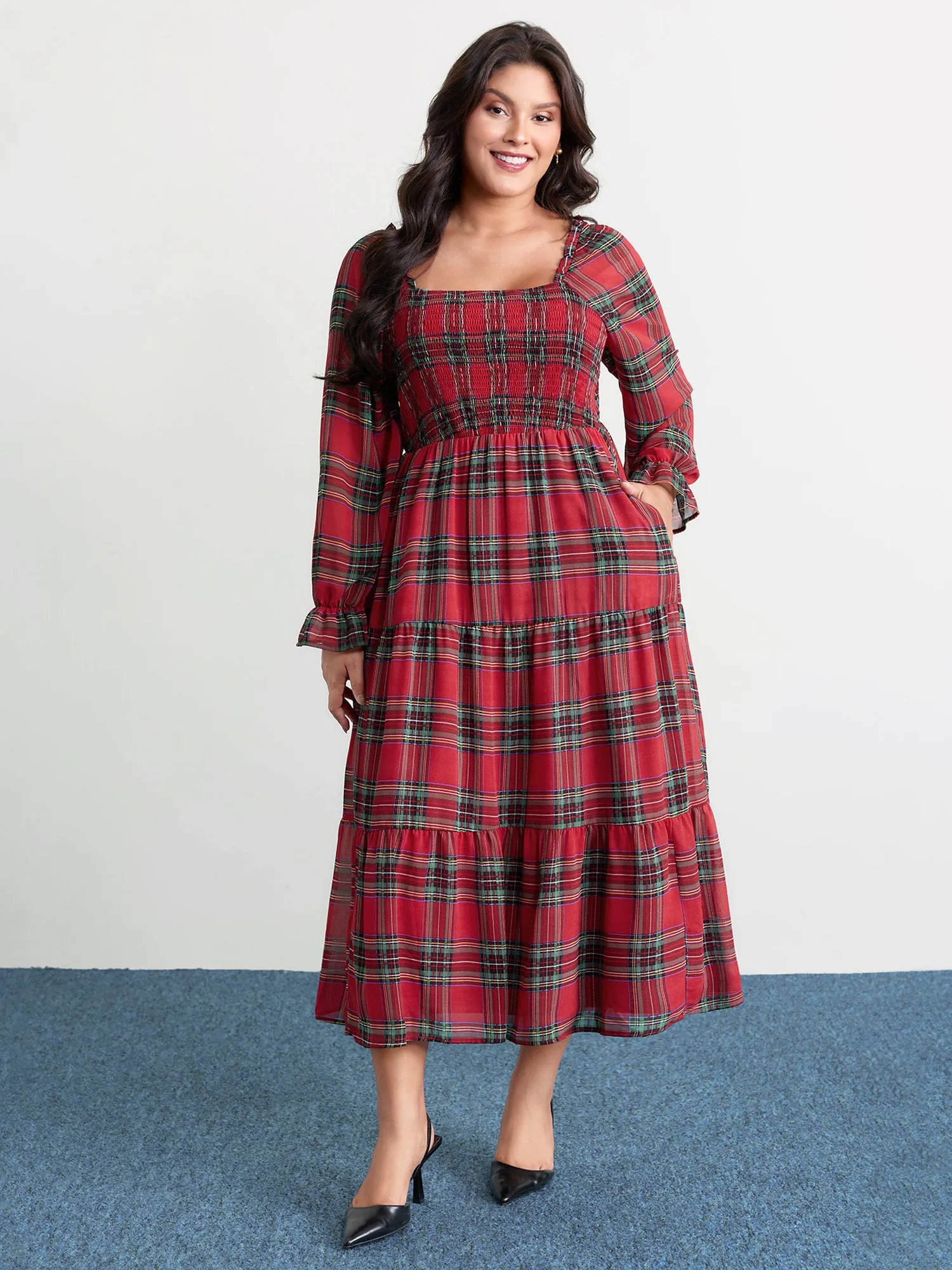 Holiday Plaid Shirred Bodice Maxi Dress sold by Bloomchic product image thumbnail 3