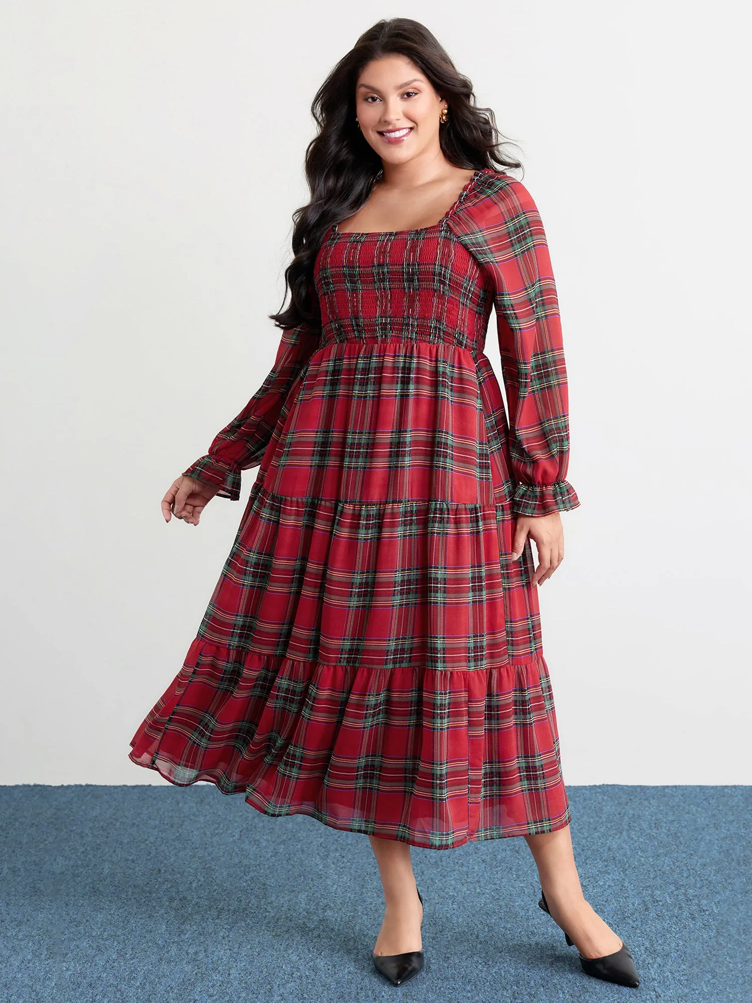 Holiday Plaid Shirred Bodice Maxi Dress sold by Bloomchic