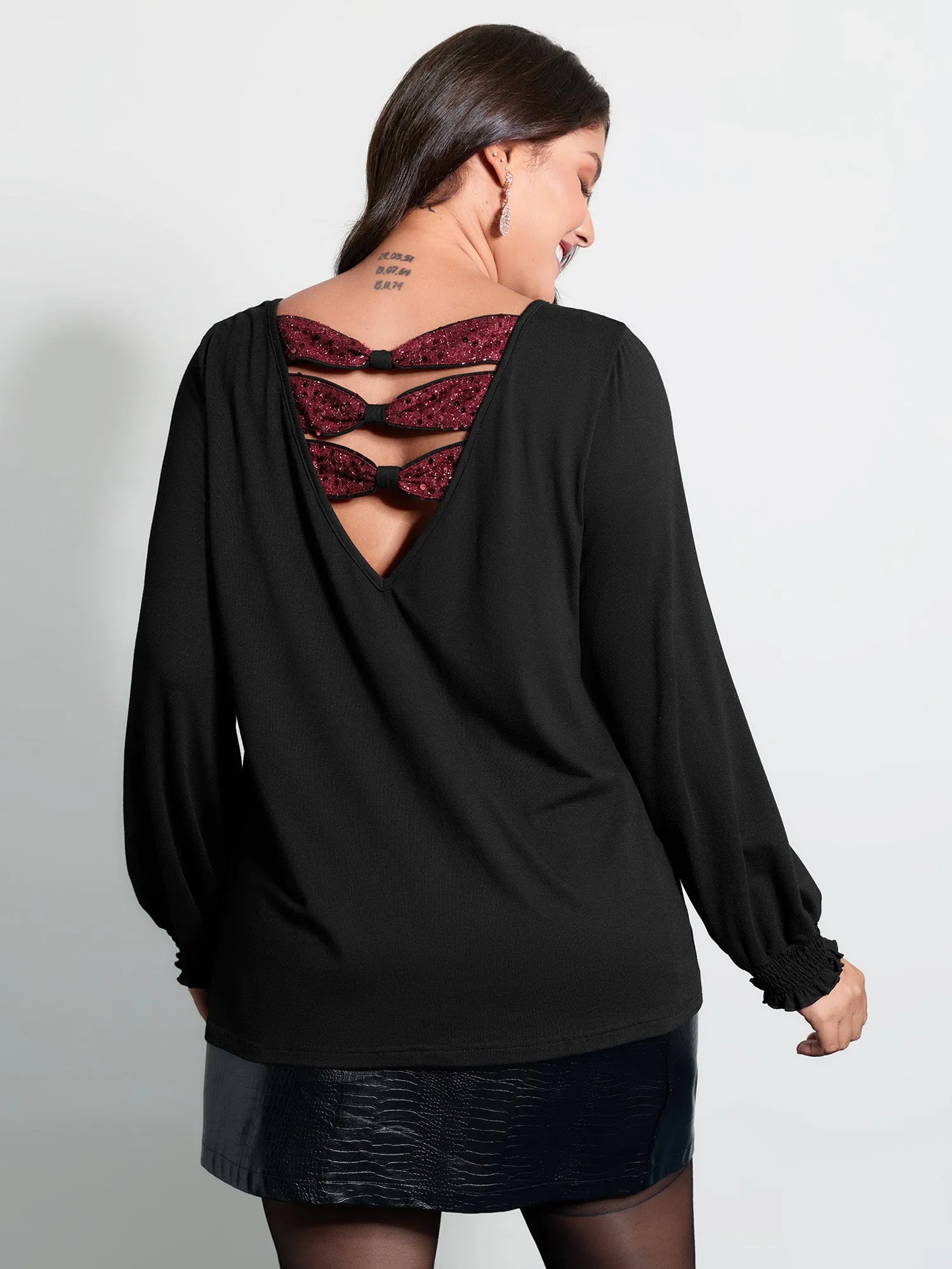 Stretchy Sequin Backless Shirred Cuff T-Shirt sold by Bloomchic product image thumbnail 5