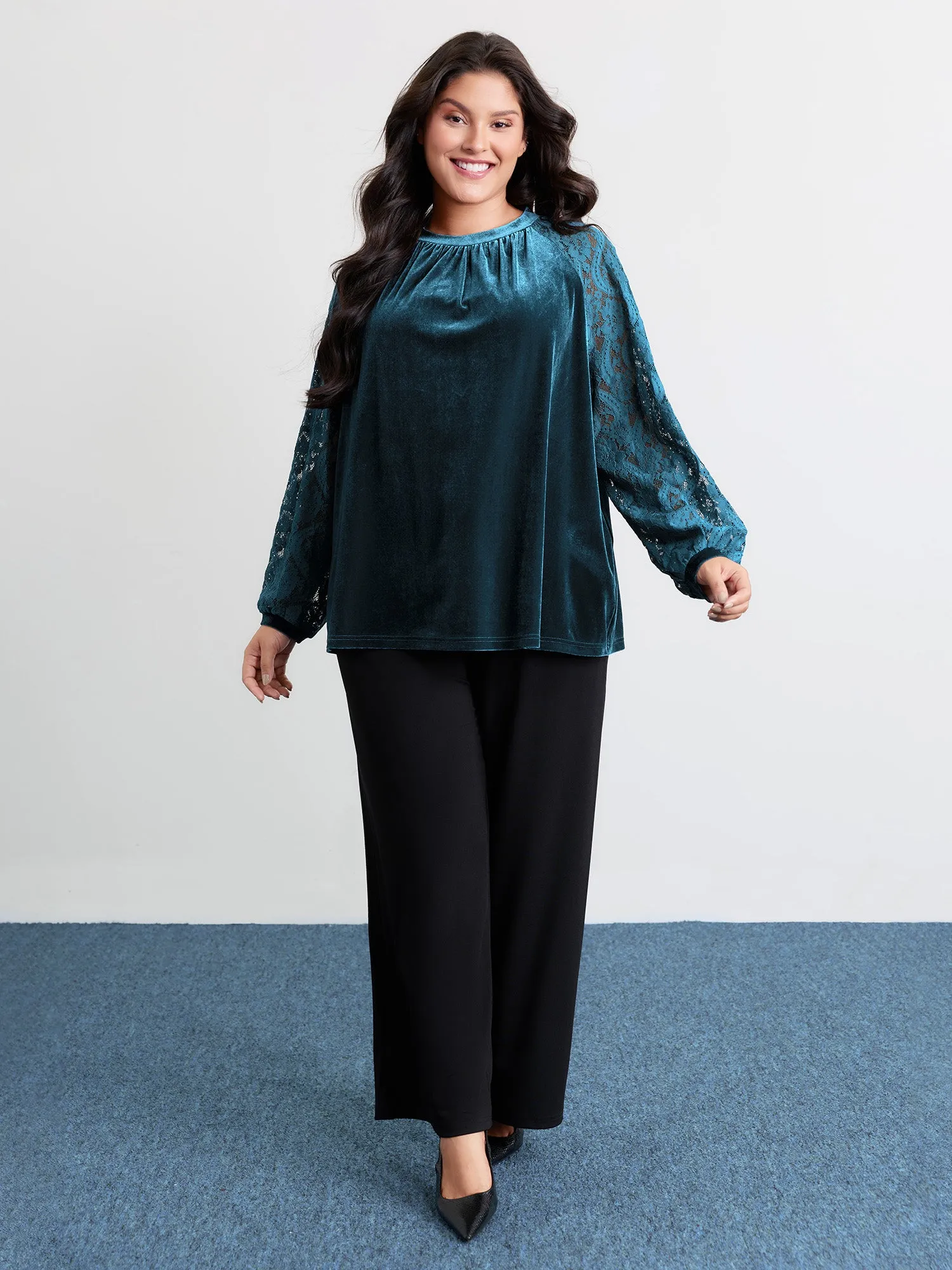 Velvet Sheer Lace Raglan Sleeve Blouse sold by Bloomchic product image thumbnail 3