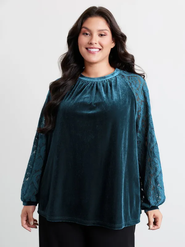 Velvet Sheer Lace Raglan Sleeve Blouse sold by Bloomchic
