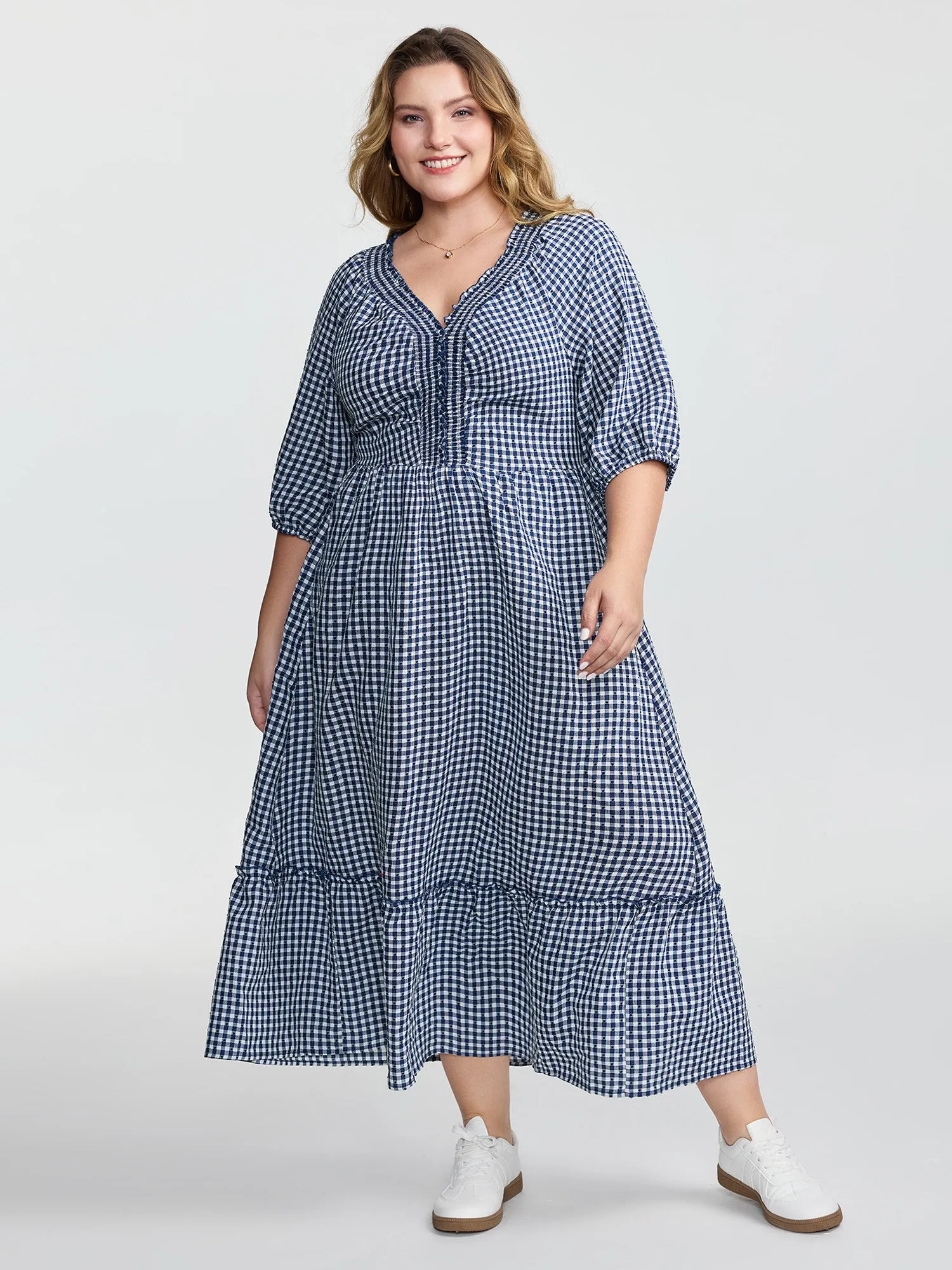 Checkered Shirred Pockets Tiered Maxi Dress sold by Bloomchic