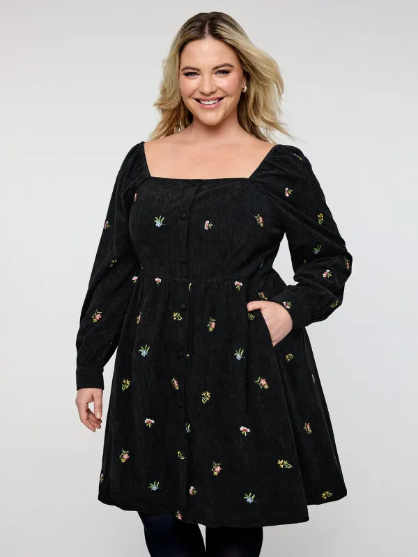 Floral Corduroy Embroidery Square Neck Knee Dress sold by Bloomchic