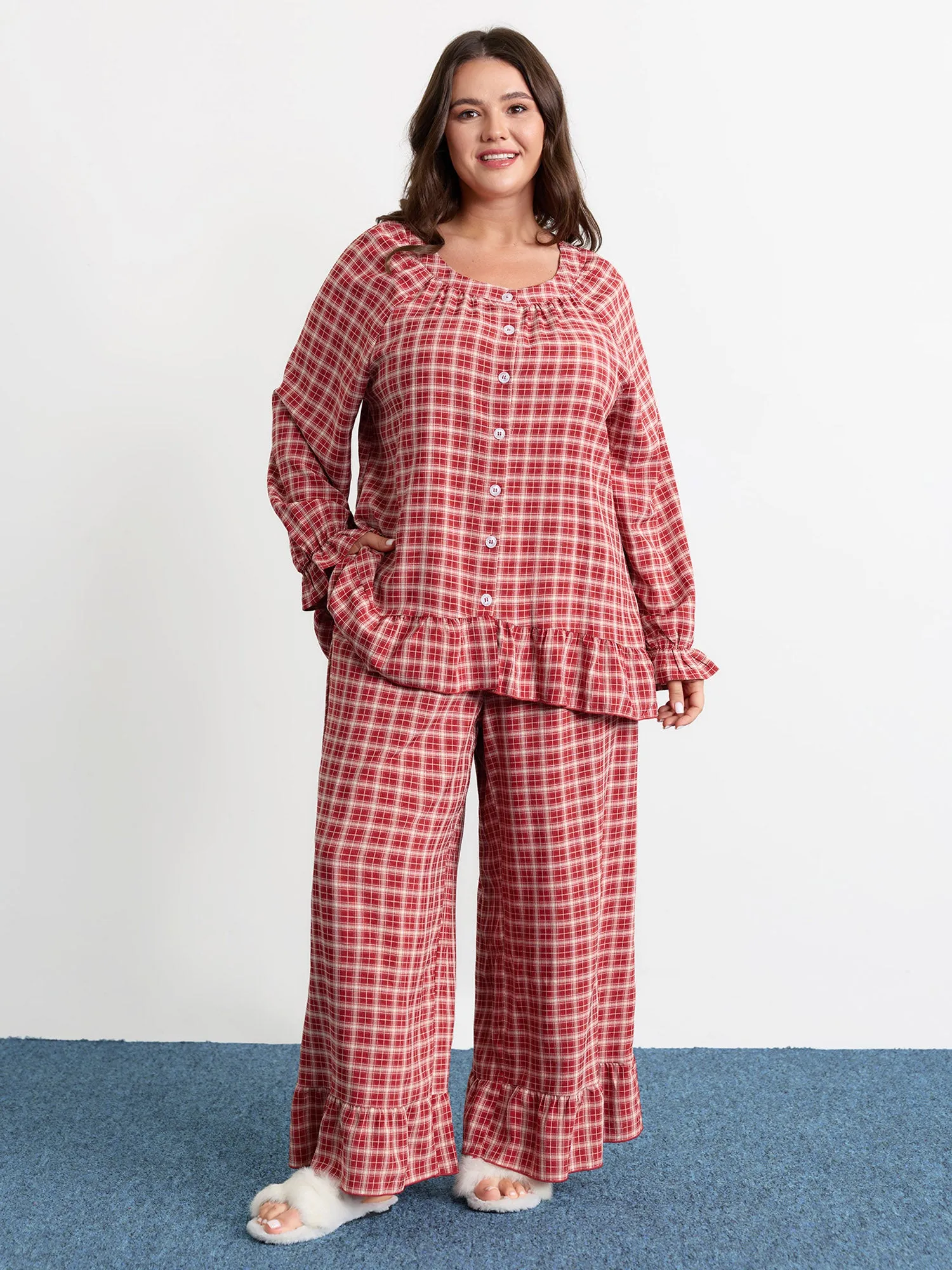 Gingham Ruffled Hem Loungewear Set sold by Bloomchic