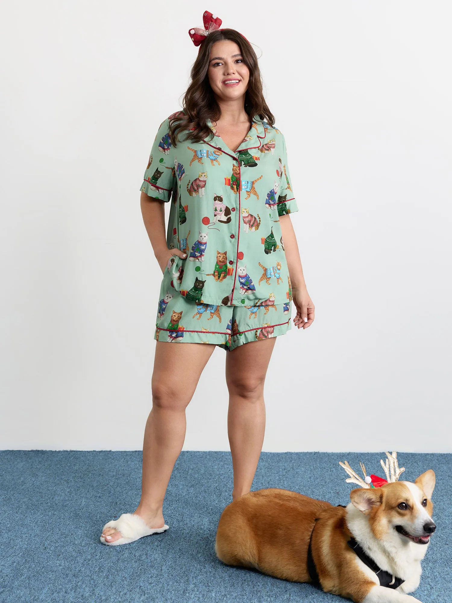 Holiday Cats Print Color Contrast Loungewear Set sold by Bloomchic