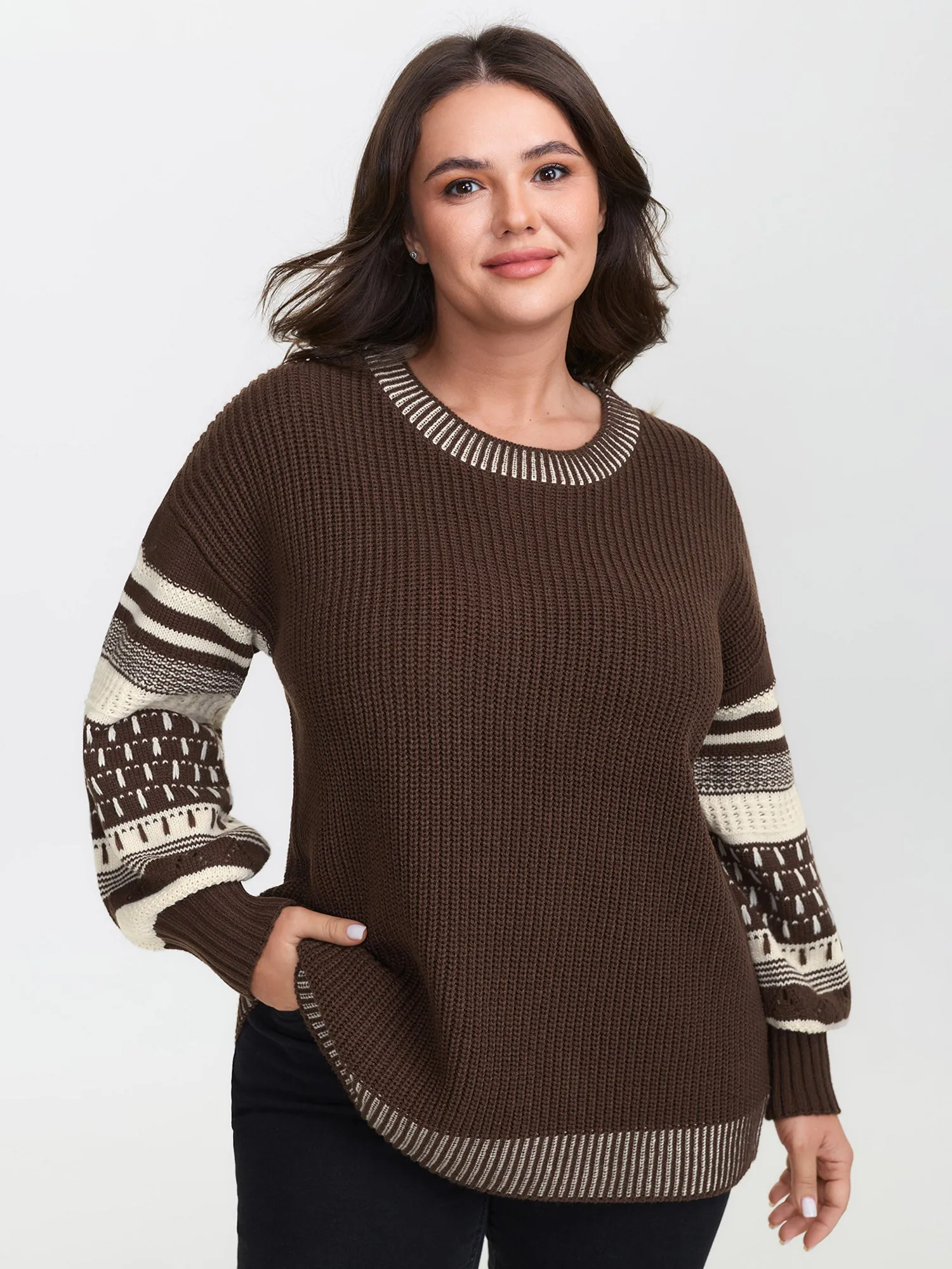 Geometric Stripe Sleeve Round Neck Pullover sold by Bloomchic