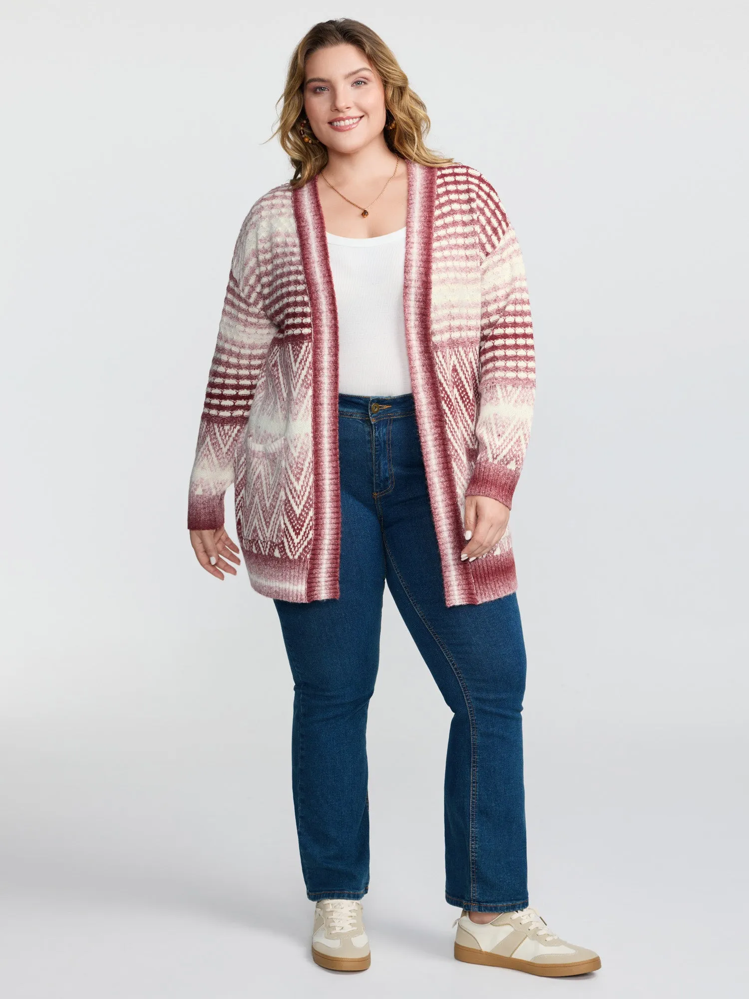 Geometric Pattern Pockets Open-Front Knit Cardigan sold by Bloomchic product image thumbnail 3