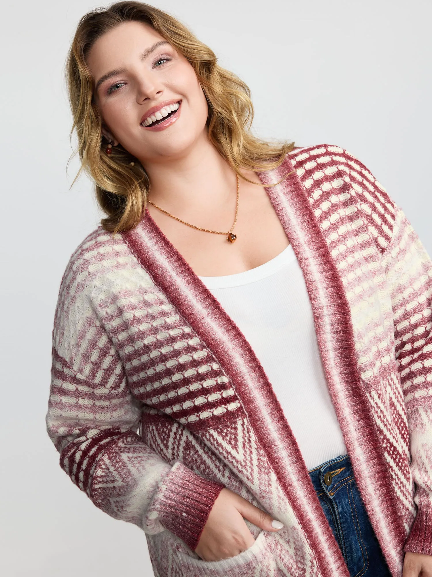Geometric Pattern Pockets Open-Front Knit Cardigan sold by Bloomchic product image thumbnail 2
