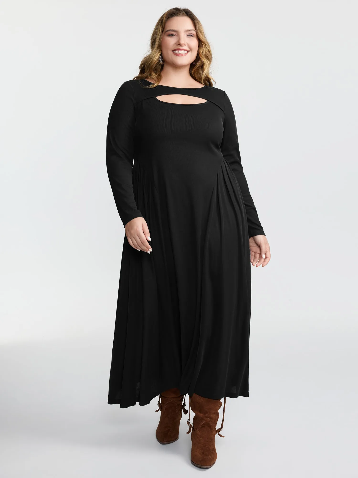 Ribbed Pleated Neck Cut-Out Knit Dress sold by Bloomchic