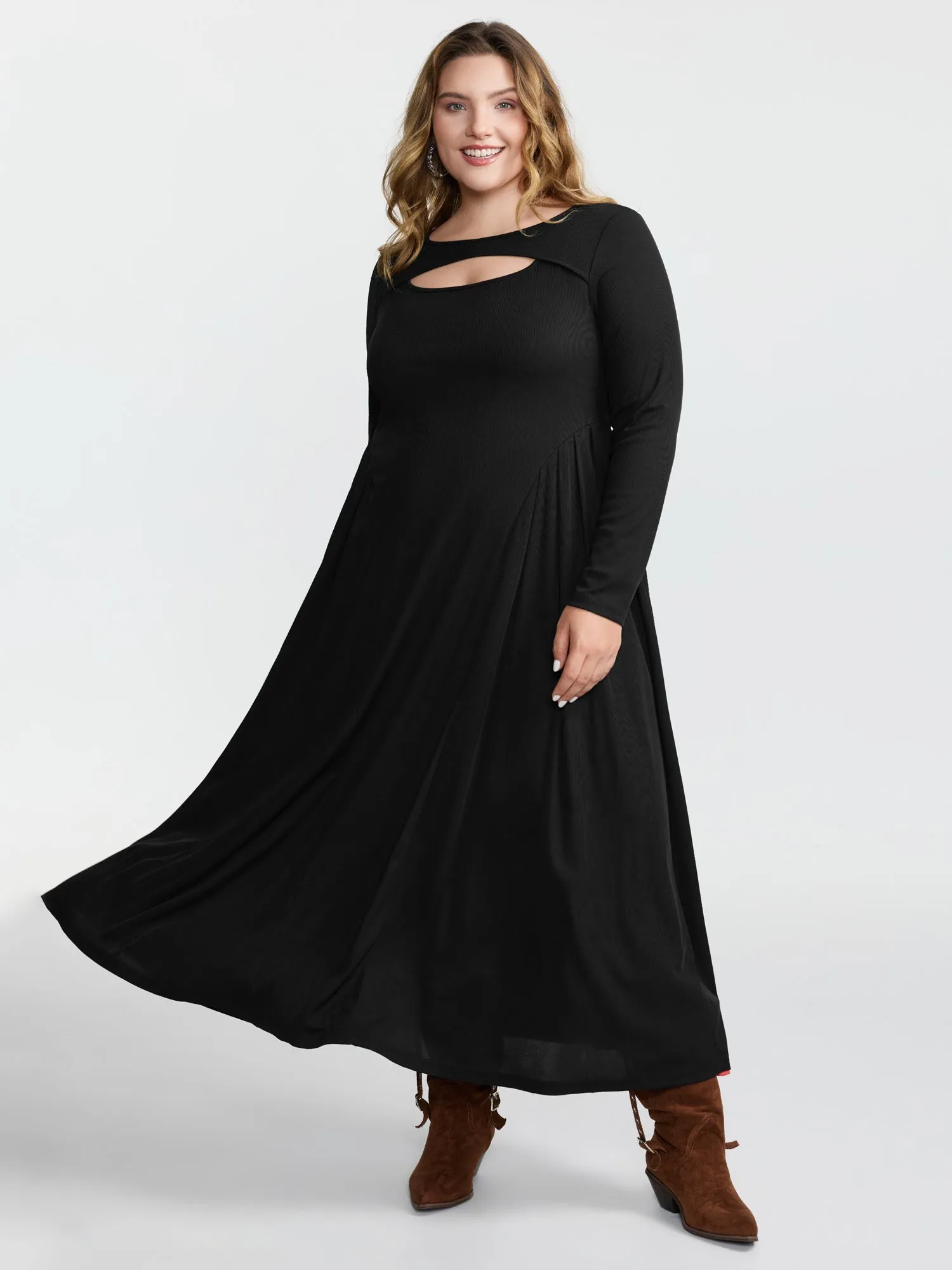 Ribbed Pleated Neck Cut-Out Knit Dress sold by Bloomchic product image thumbnail 2