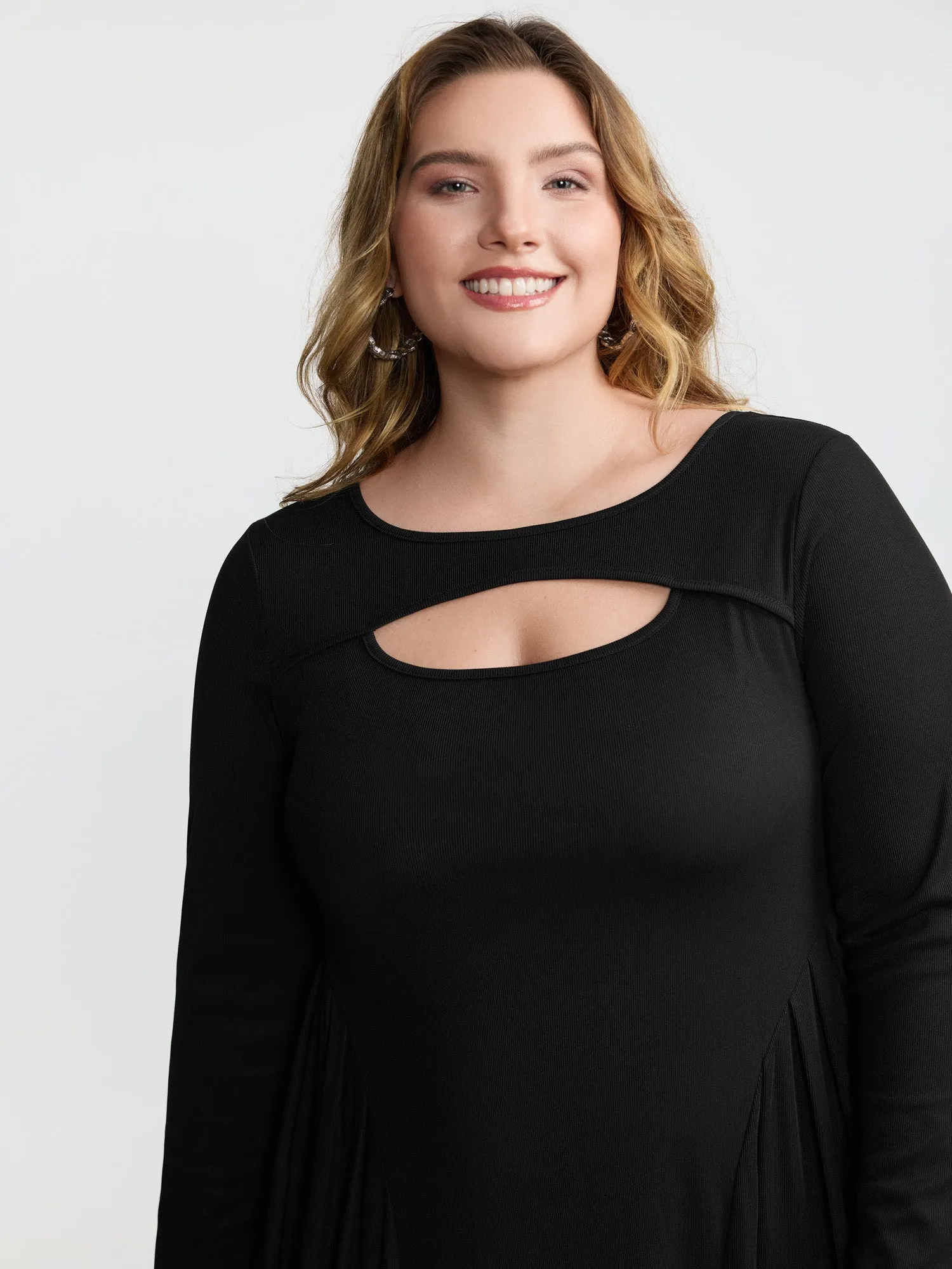 Ribbed Pleated Neck Cut-Out Knit Dress sold by Bloomchic product image thumbnail 3