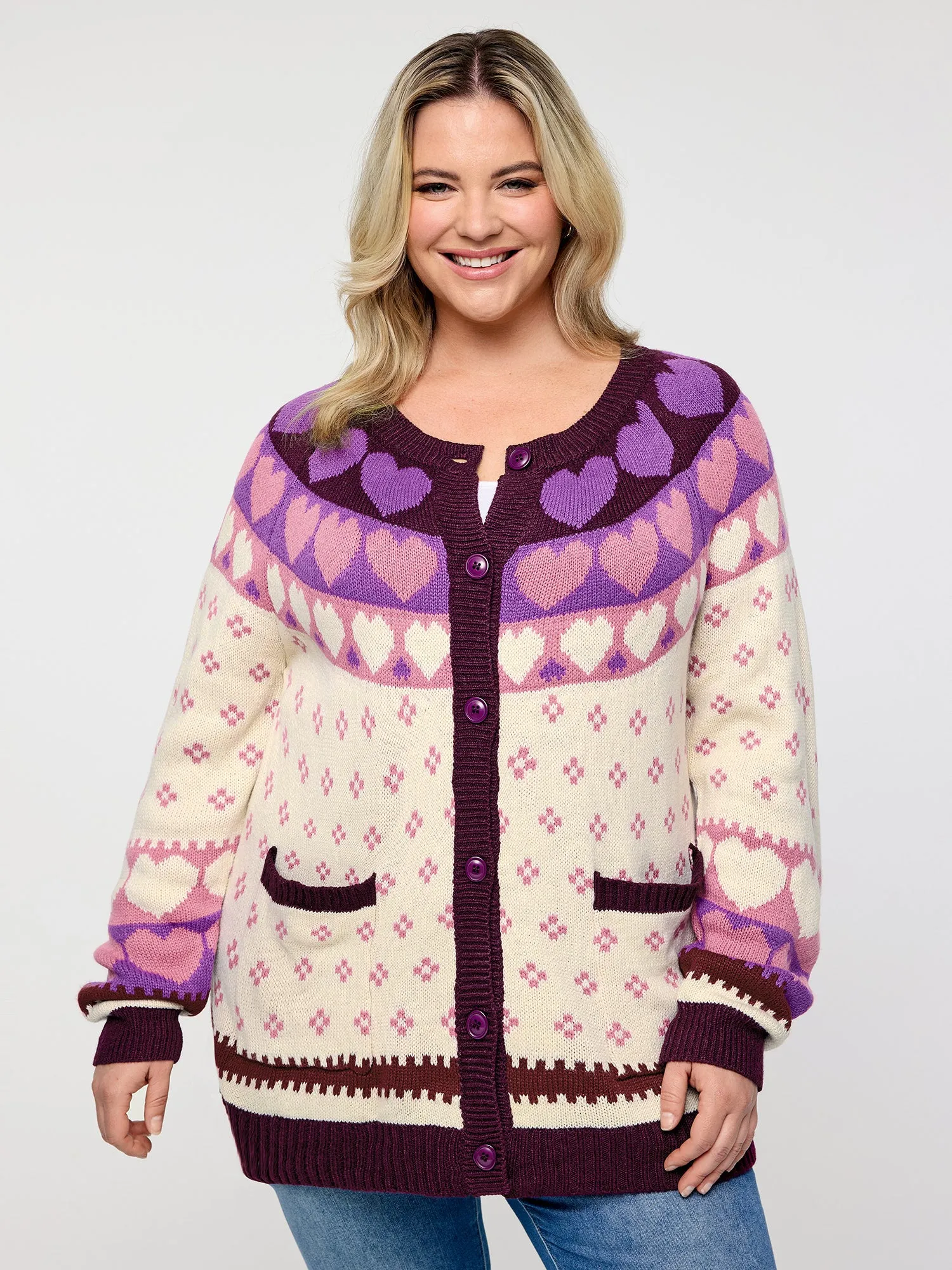 Winter Hearts Jacquard Button Knit Cardigan sold by Bloomchic