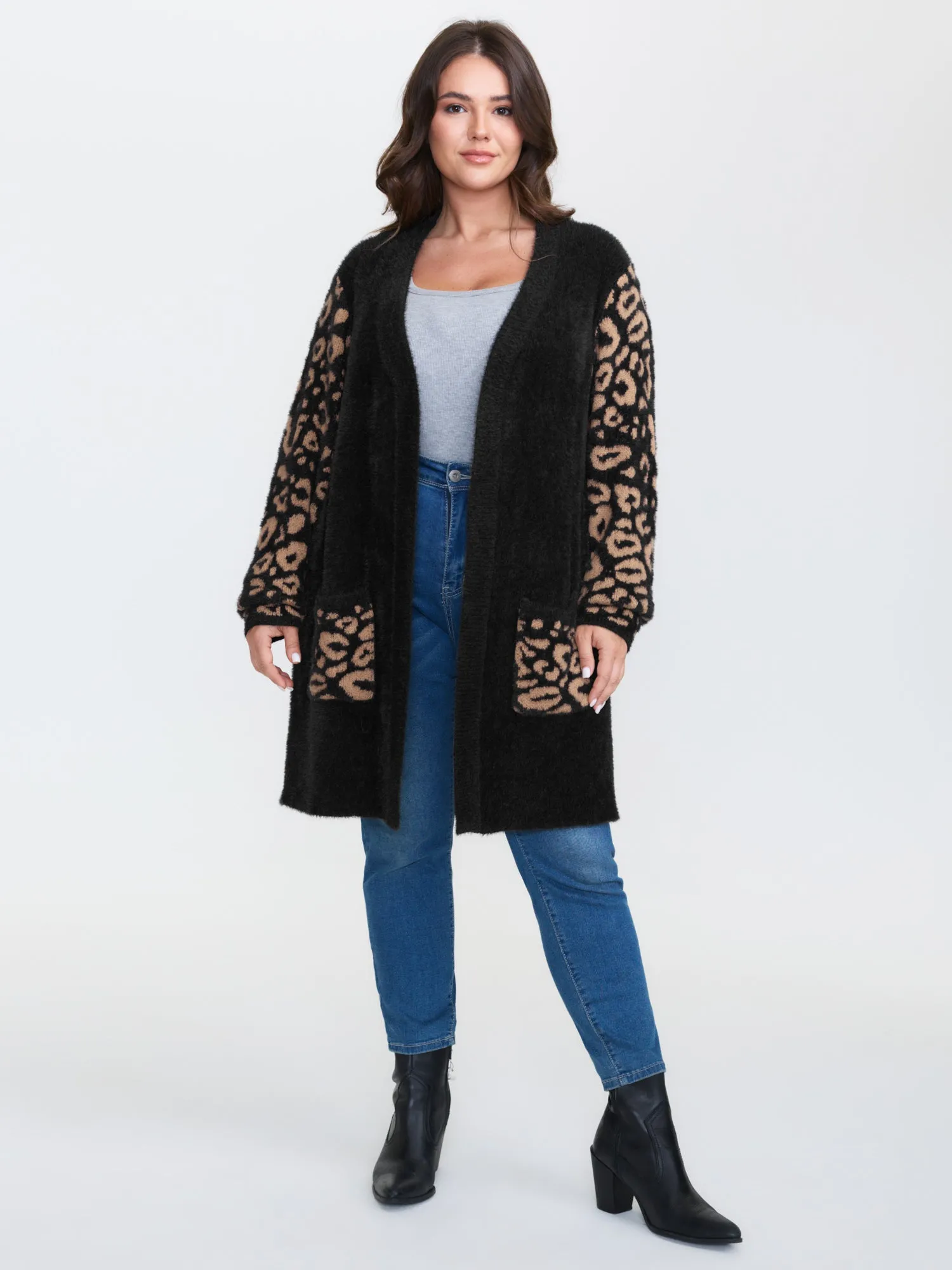 Leopard Jacquard Furry Open-Front Knit Cardigan sold by Bloomchic product image thumbnail 3