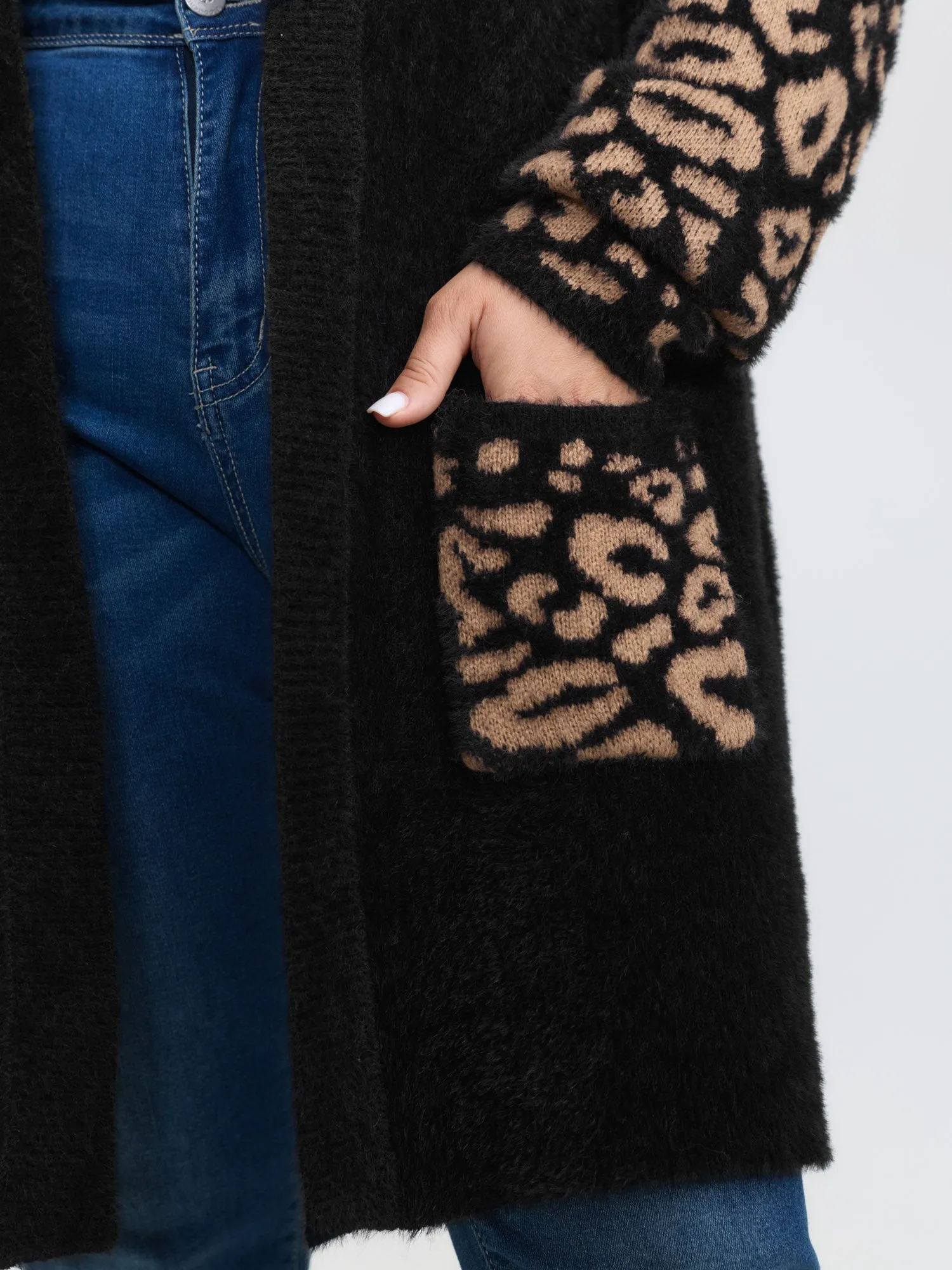 Leopard Jacquard Furry Open-Front Knit Cardigan sold by Bloomchic product image thumbnail 4