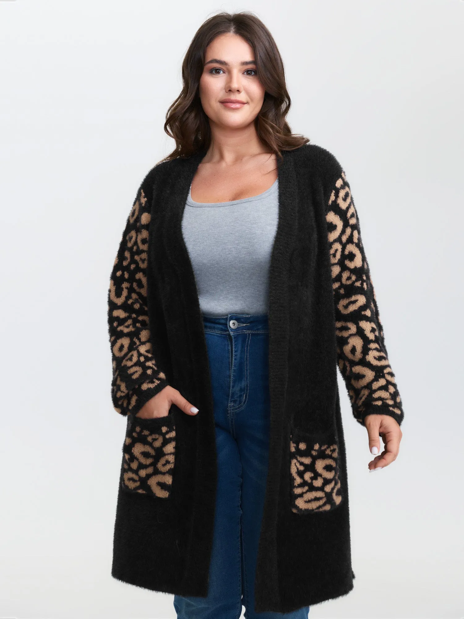 Leopard Jacquard Furry Open-Front Knit Cardigan sold by Bloomchic