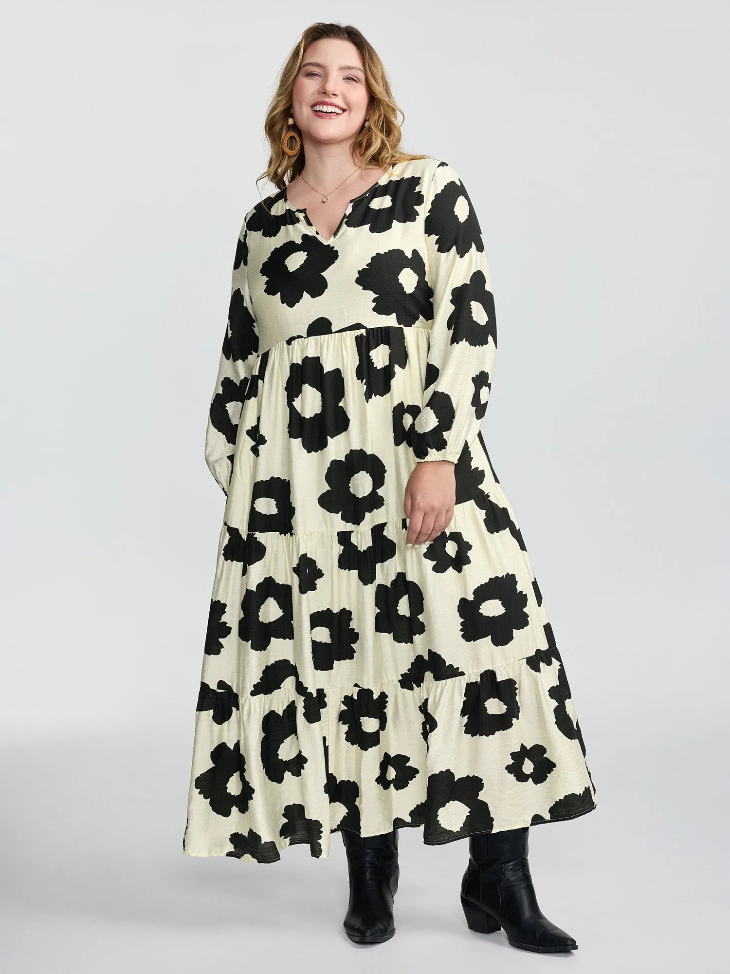 Monochrome Floral Print Tiered Maxi Dress sold by Bloomchic