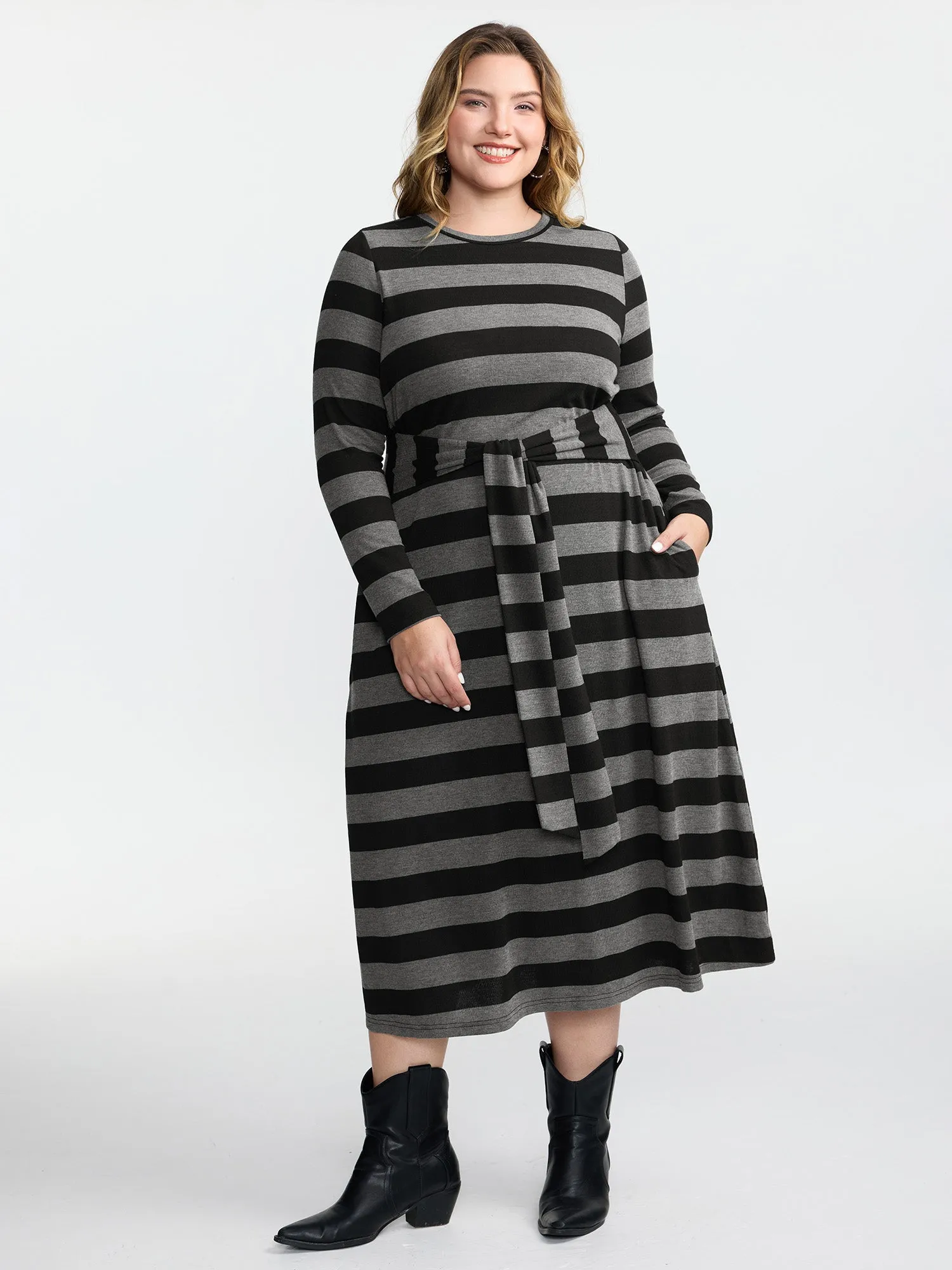 Stripe Waist-Tie Knotted Midi Dress sold by Bloomchic