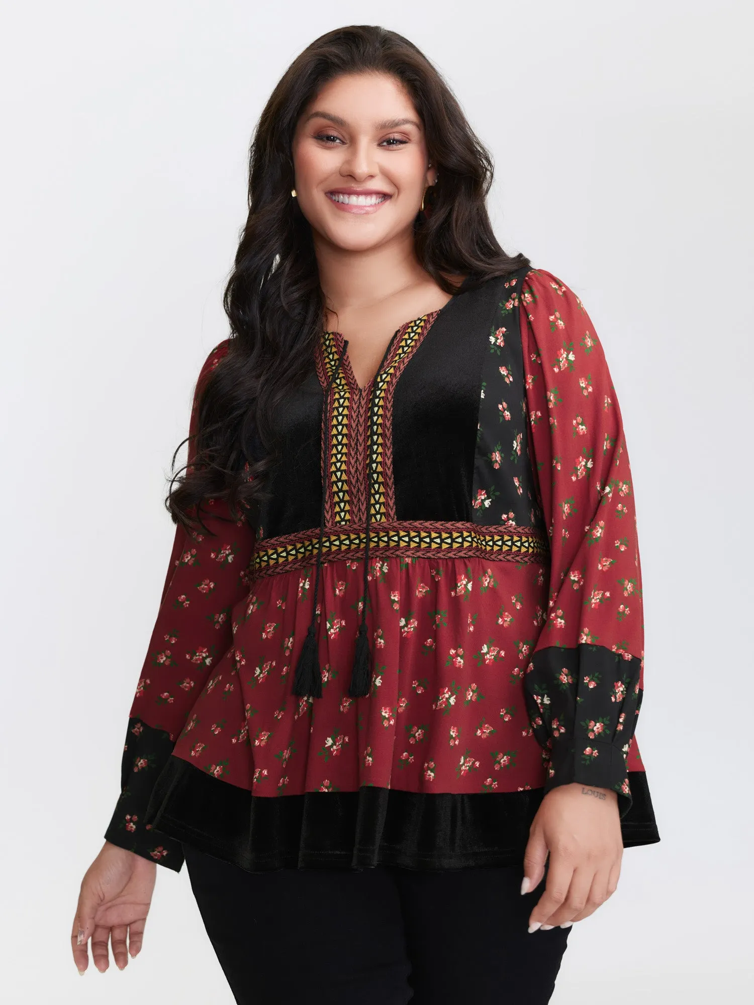 Floral Print Color Contrast Tie Blouse sold by Bloomchic