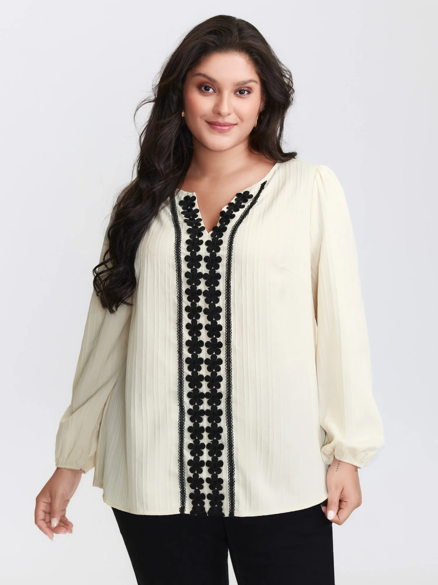 Lace Spliced Textured Lantern Sleeve Blouse sold by Bloomchic product image thumbnail 2