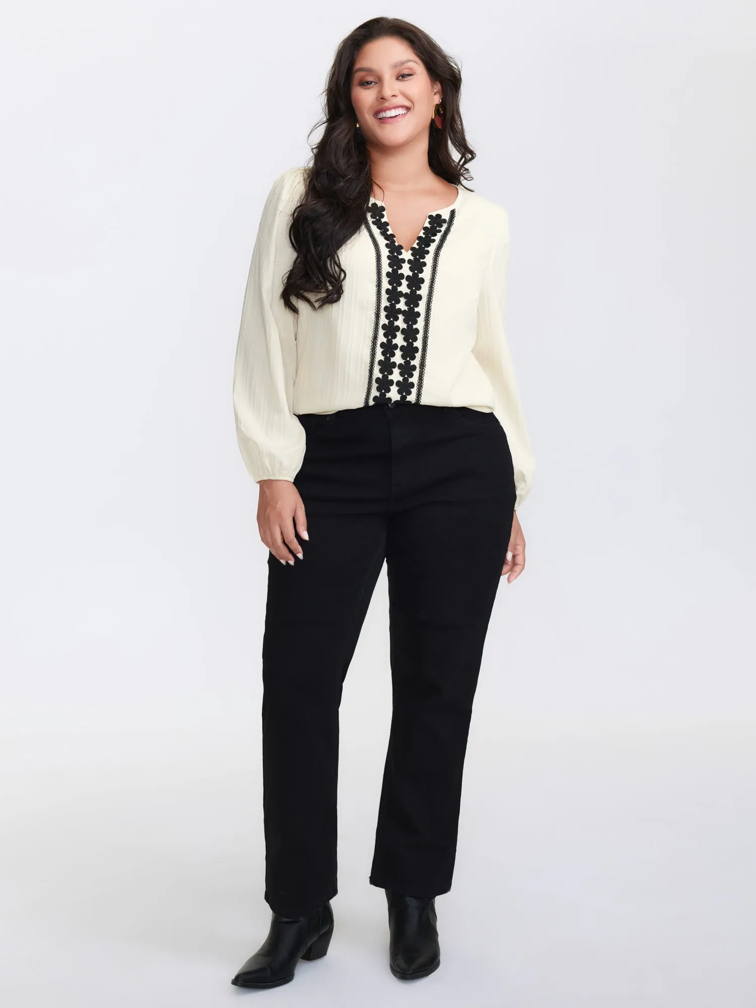 Lace Spliced Textured Lantern Sleeve Blouse sold by Bloomchic product image thumbnail 3