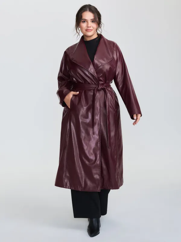 Artificial Leather Belted Waist Long Coat sold by Bloomchic
