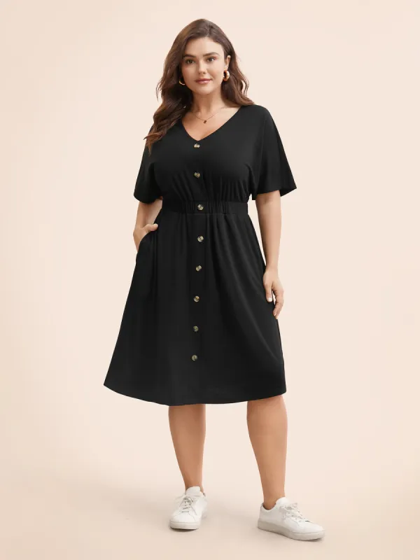 Supersoft Essentials Contrast Button Detail Shirred Pocket Dress sold by Bloomchic