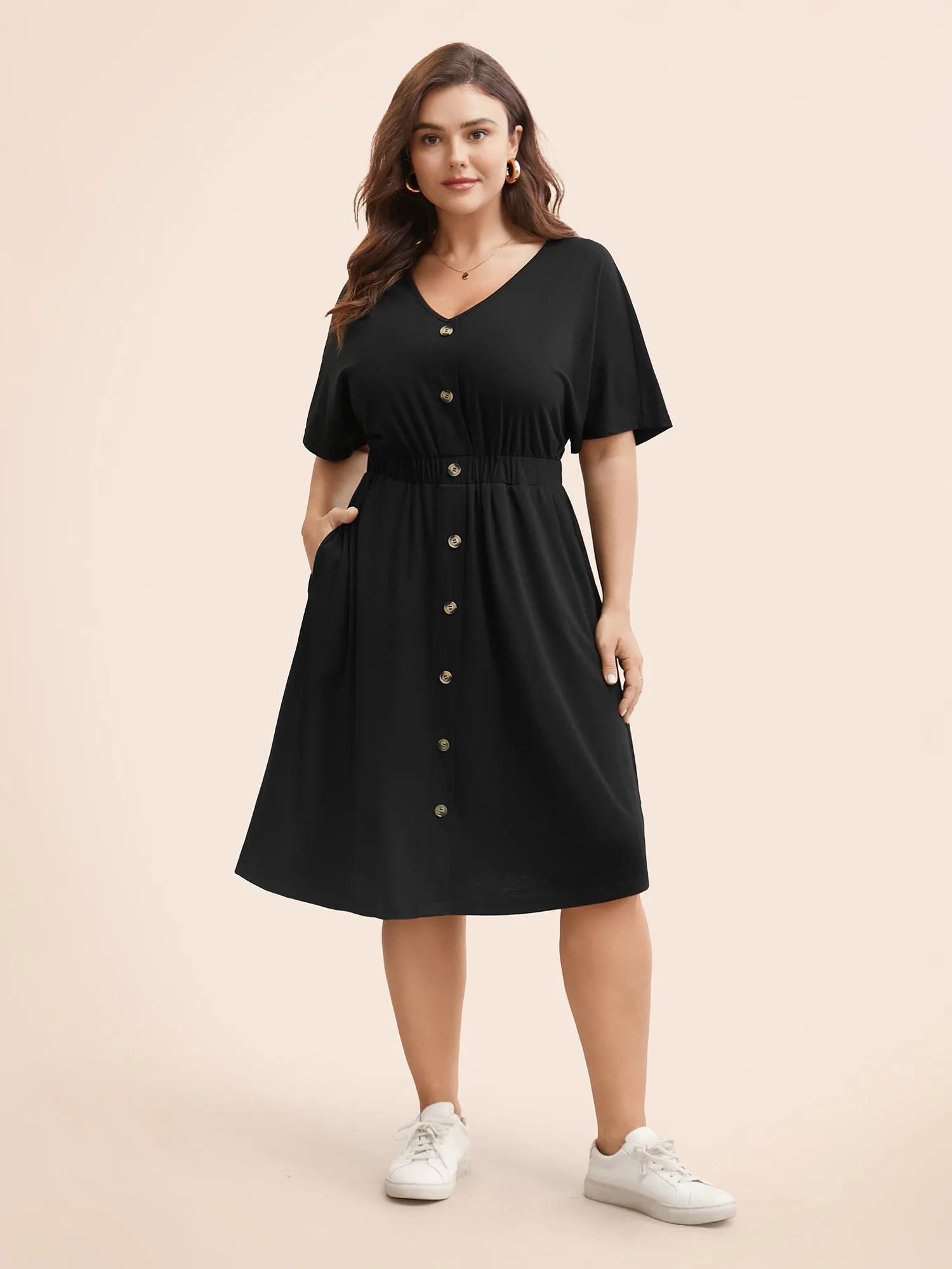 Supersoft Essentials Contrast Button Detail Shirred Pocket Dress sold by Bloomchic