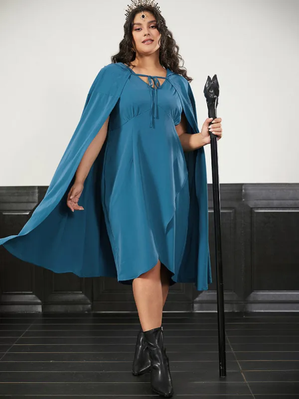 Halloween Plain Knot Hooded V Neck Ties Wrap Hem Dress made by Bloomchic