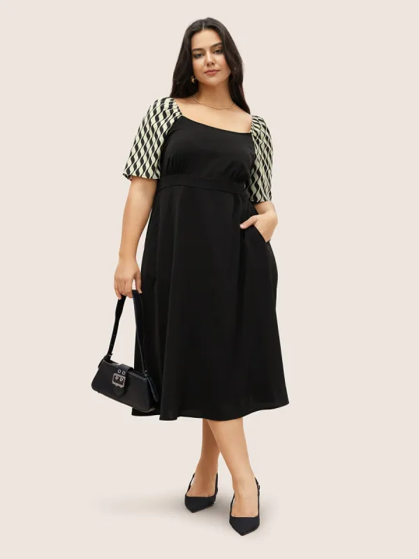 Geometric Square Neck Raglan Sleeve Elastic Waist Dress sold by Bloomchic