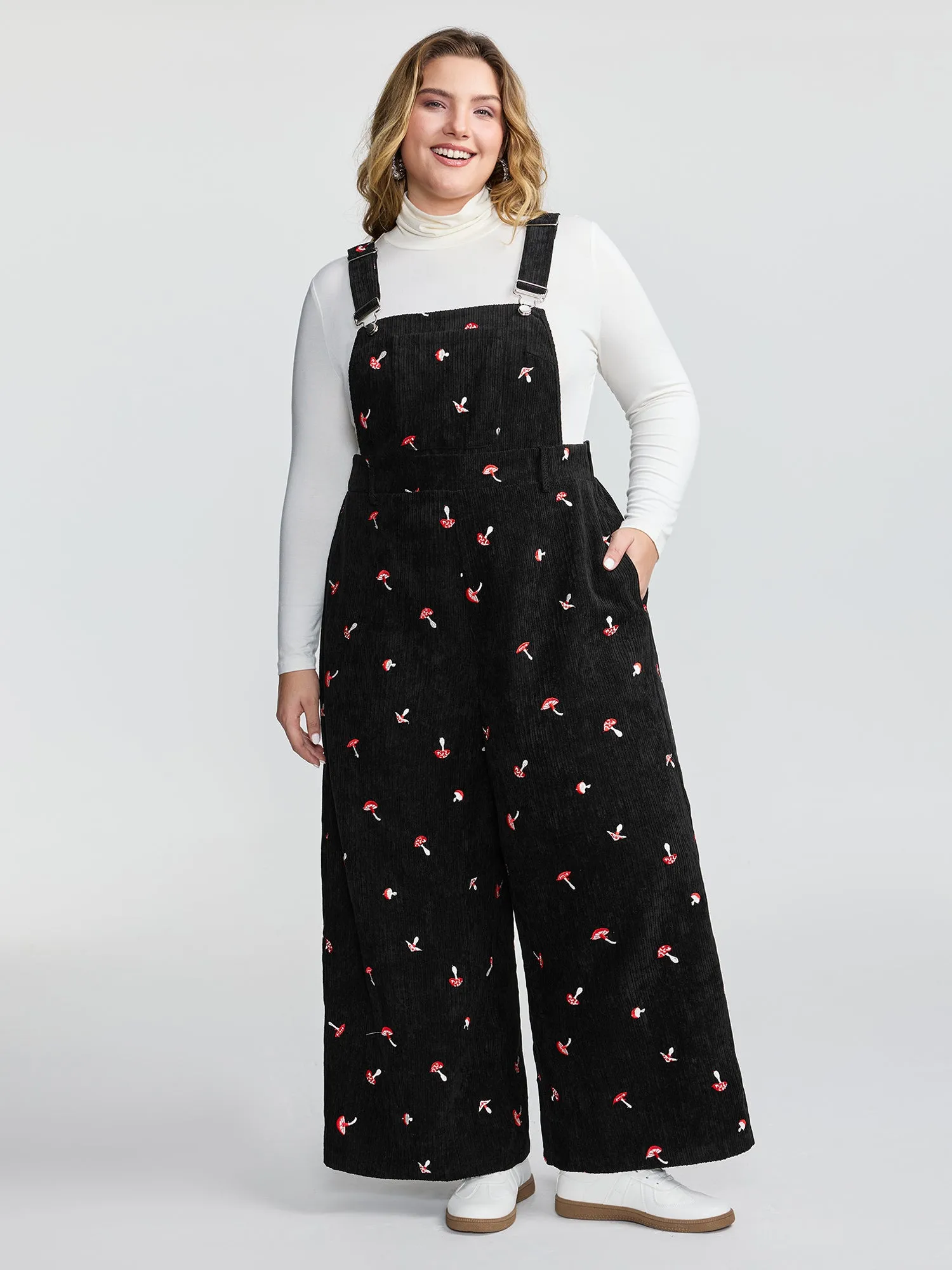 Mushroom Embroidered Textured Overall Jumpsuit sold by Bloomchic