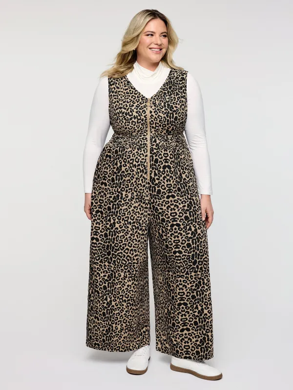 Leopard Pattern Zipper-Front Shirred Jumpsuit sold by Bloomchic