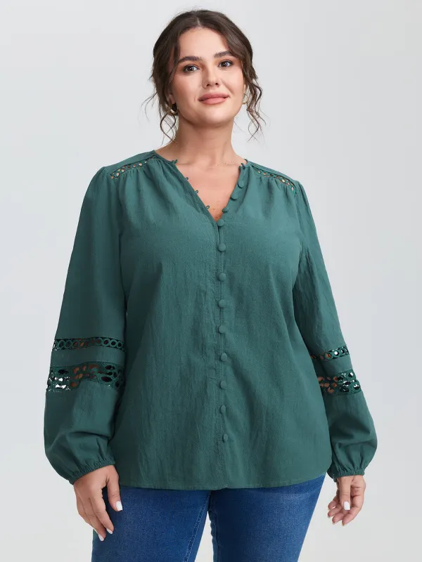 Cotton Lace Trim Button Placket Blouse sold by Bloomchic