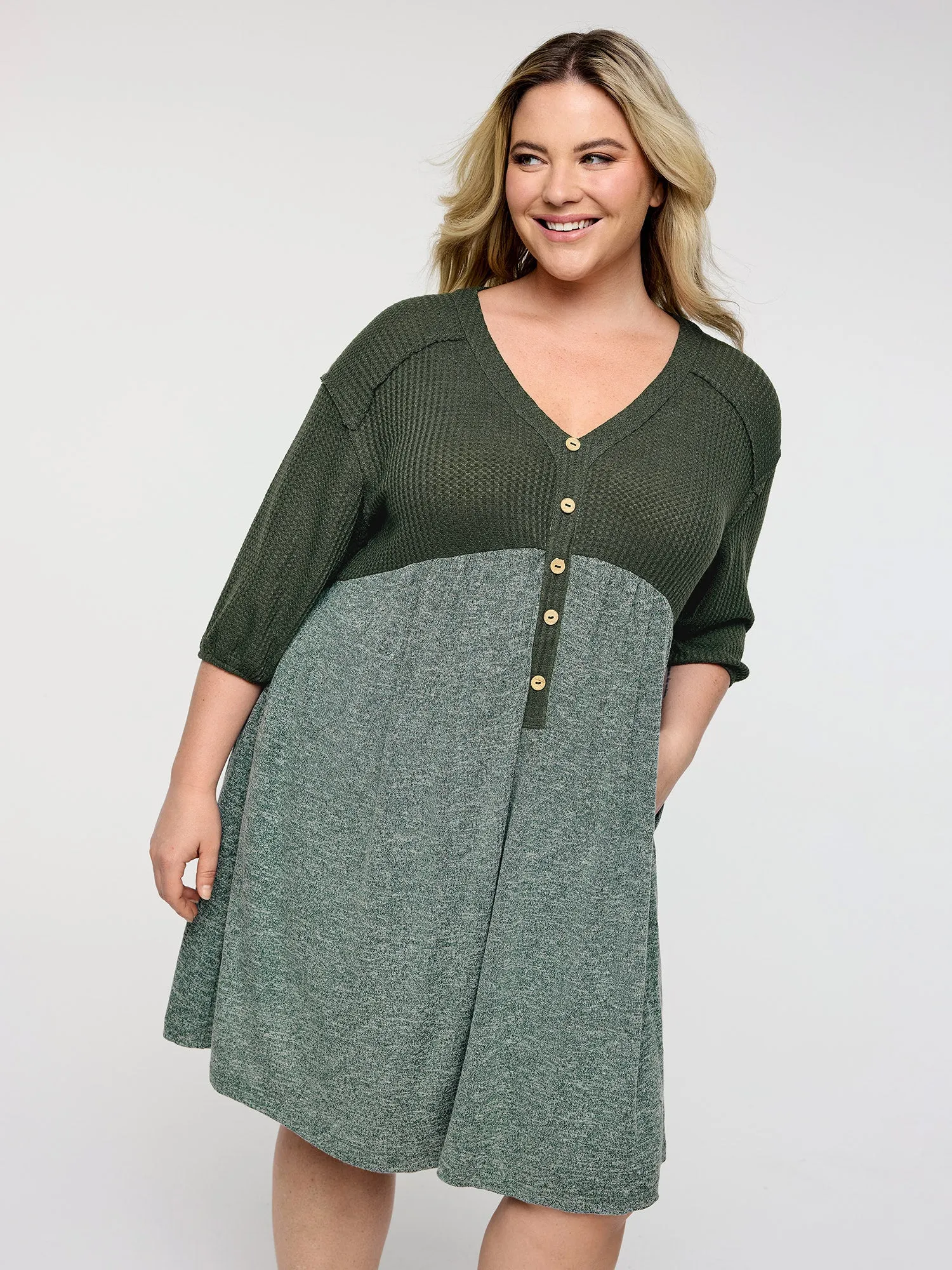 Textured Drop Shoulder Patchwork Knit Dress sold by Bloomchic product image thumbnail 2