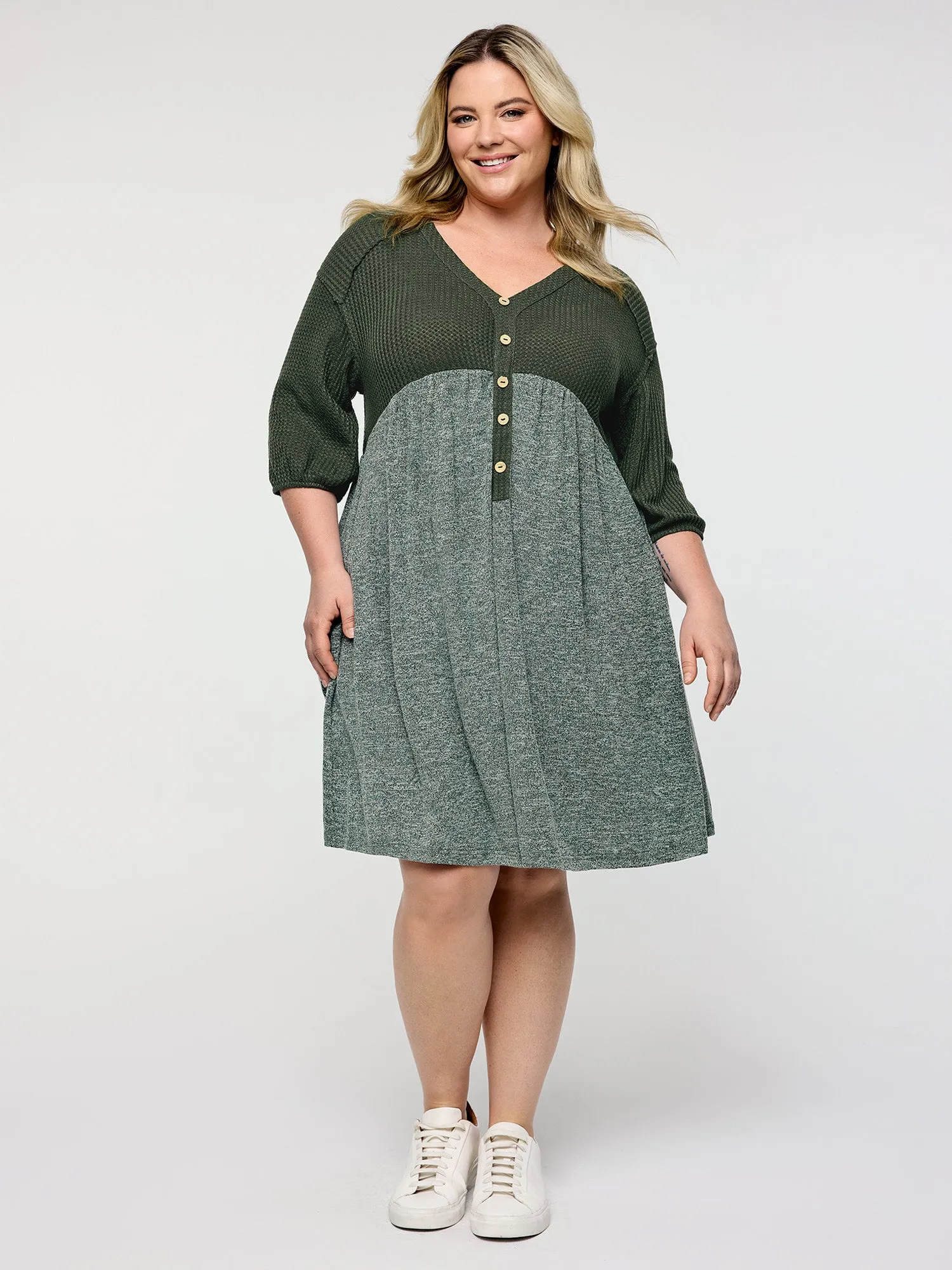 Textured Drop Shoulder Patchwork Knit Dress sold by Bloomchic product image thumbnail 3