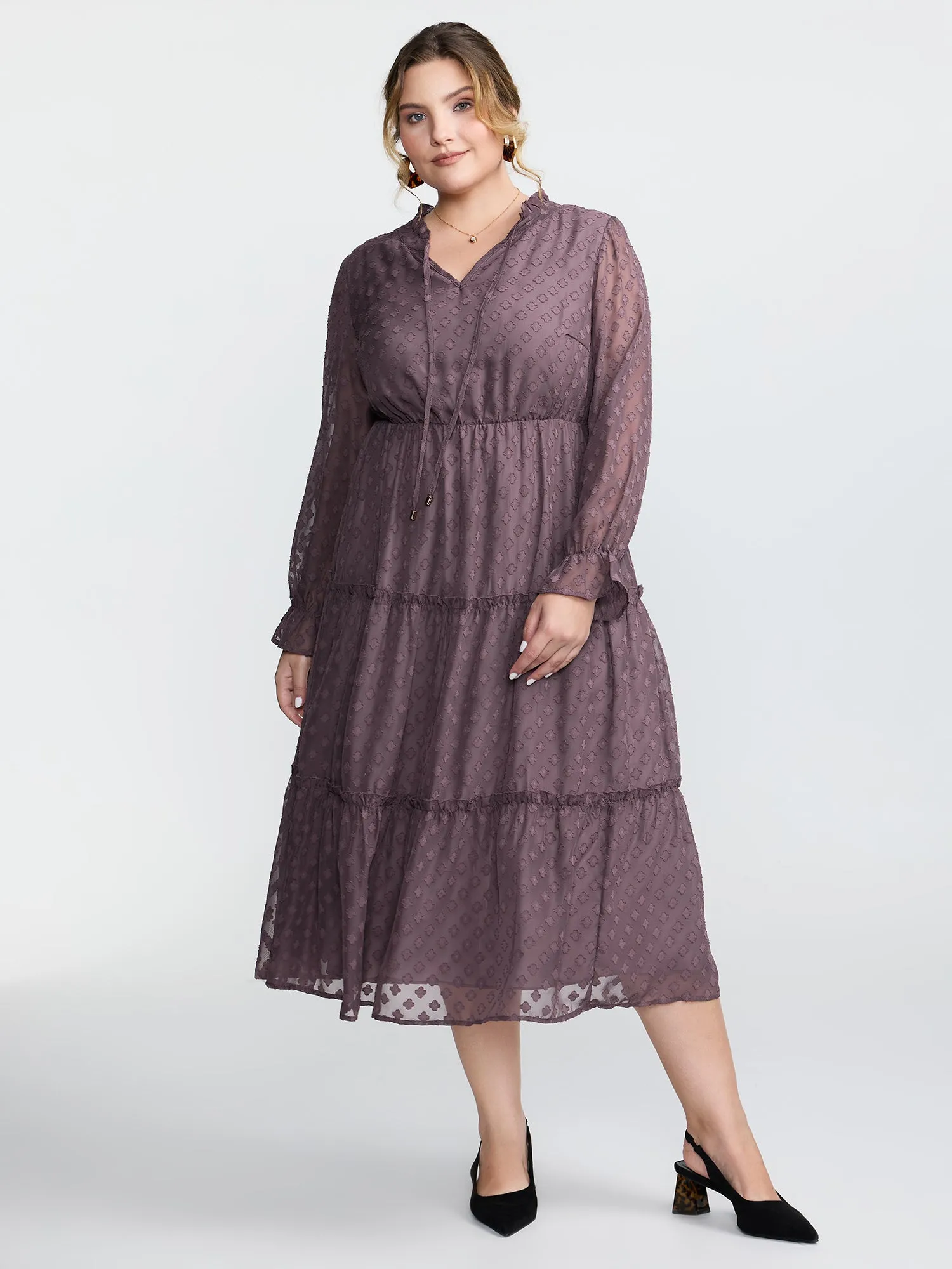 Chiffon Textured Tiered Ruffled Midi Dress sold by Bloomchic