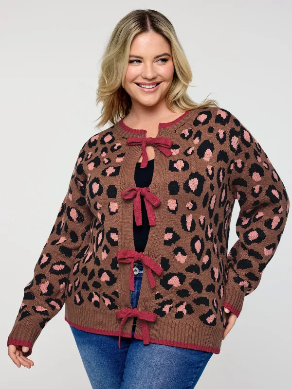 Leopard Pattern Color Contrast Bow Knit Cardigan sold by Bloomchic