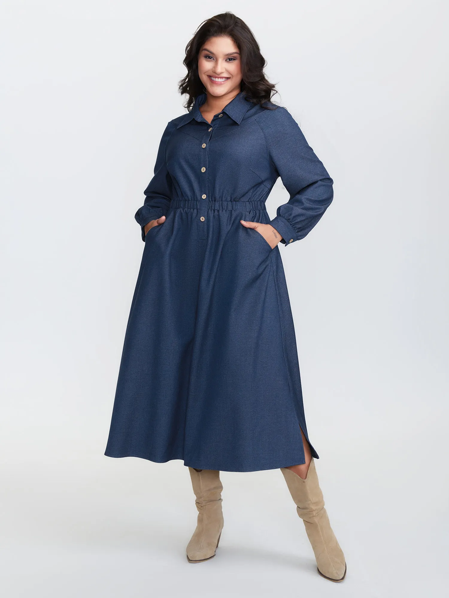 Stretchy Waist Slit Denim-Like Midi Dress sold by Bloomchic product image thumbnail 3