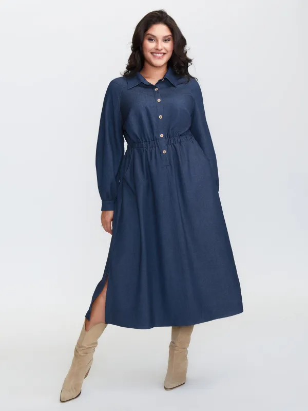 Stretchy Waist Slit Denim-Like Midi Dress sold by Bloomchic