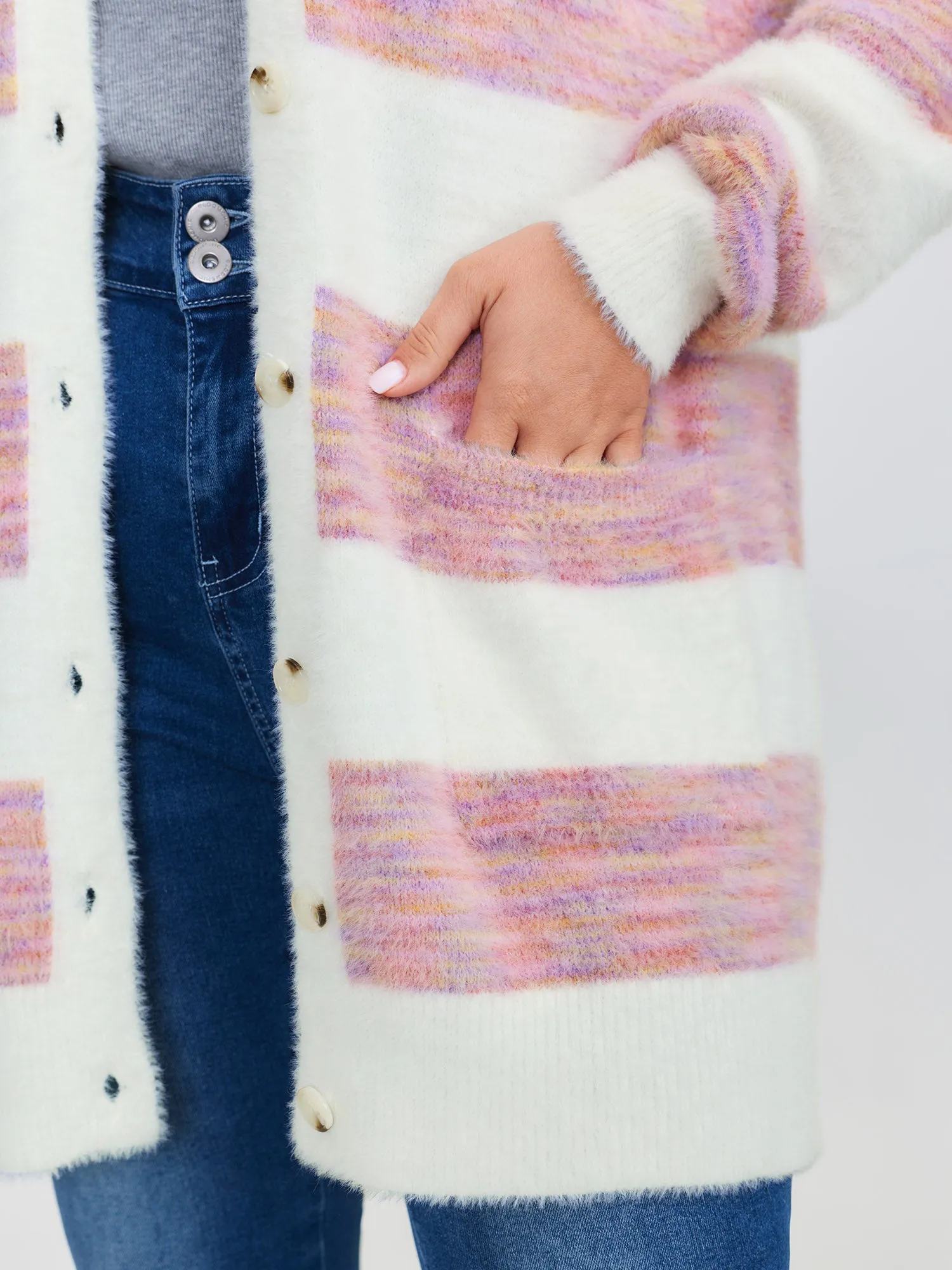 Color Stripes Furry Textured Knit Cardigan sold by Bloomchic product image thumbnail 4