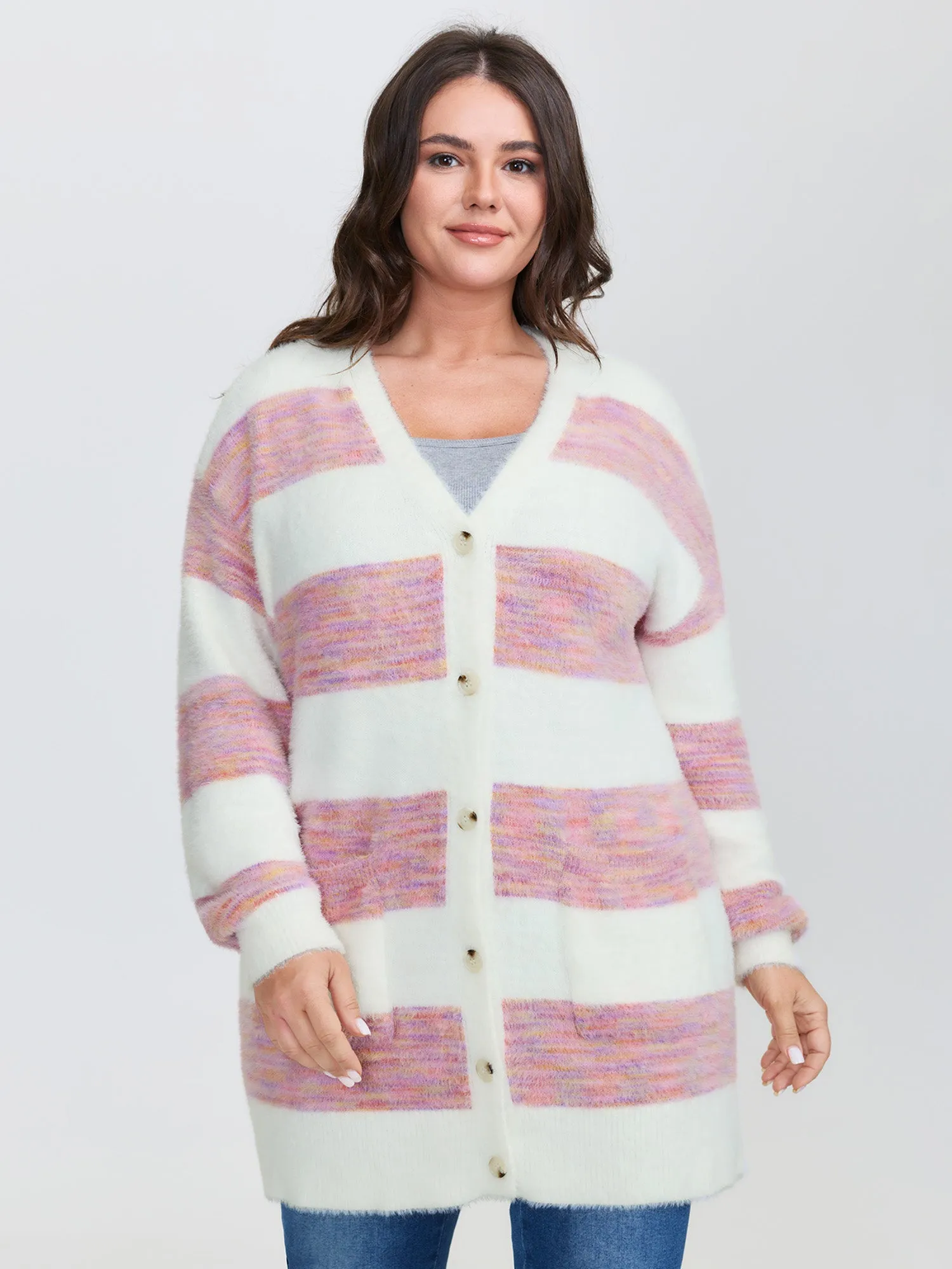 Color Stripes Furry Textured Knit Cardigan sold by Bloomchic