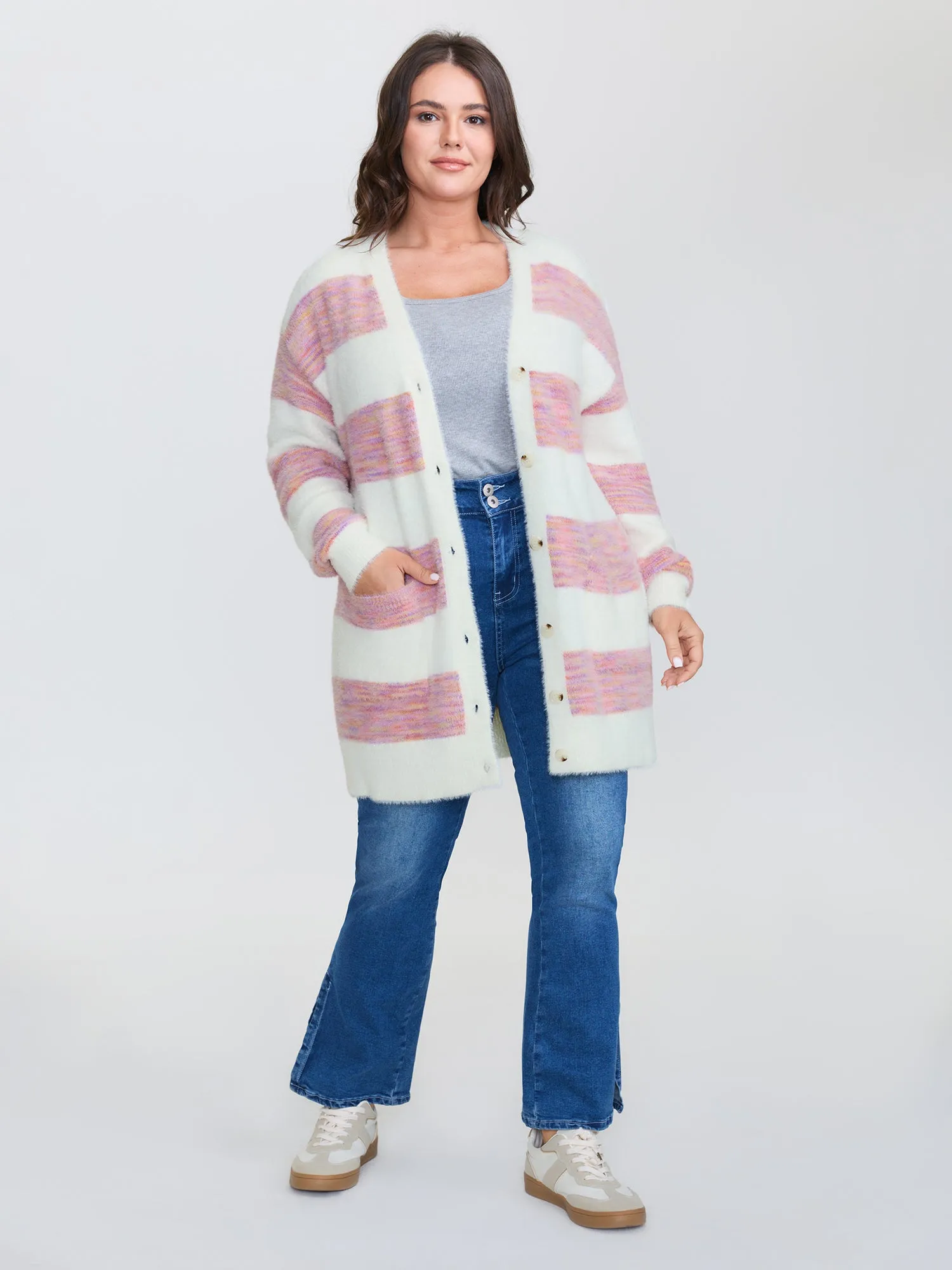 Color Stripes Furry Textured Knit Cardigan sold by Bloomchic product image thumbnail 3