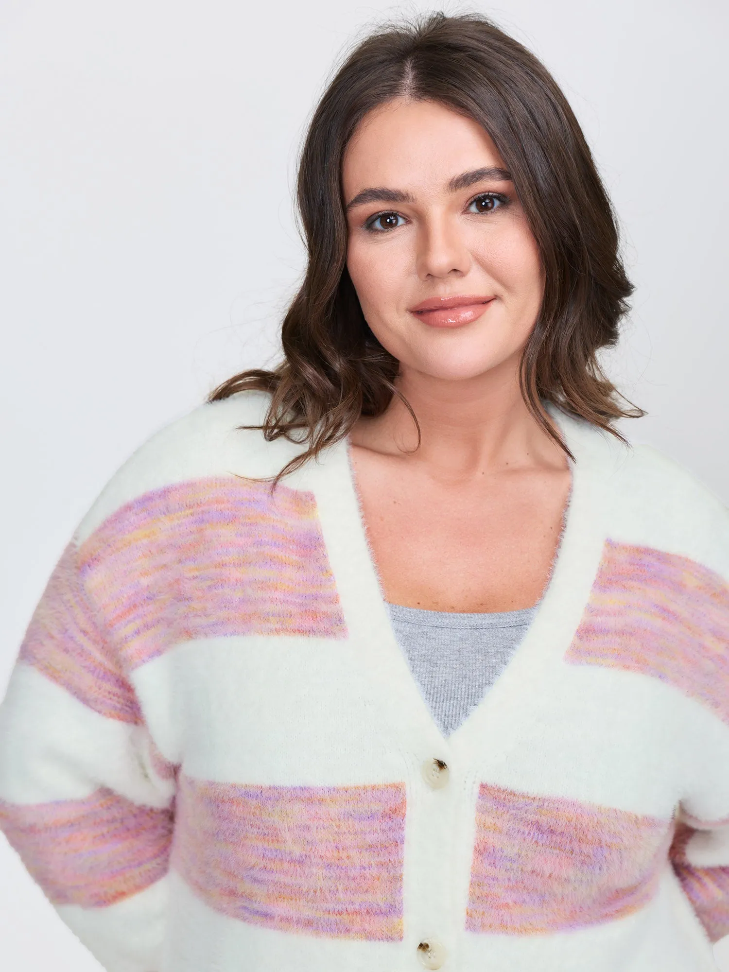 Color Stripes Furry Textured Knit Cardigan sold by Bloomchic product image thumbnail 2