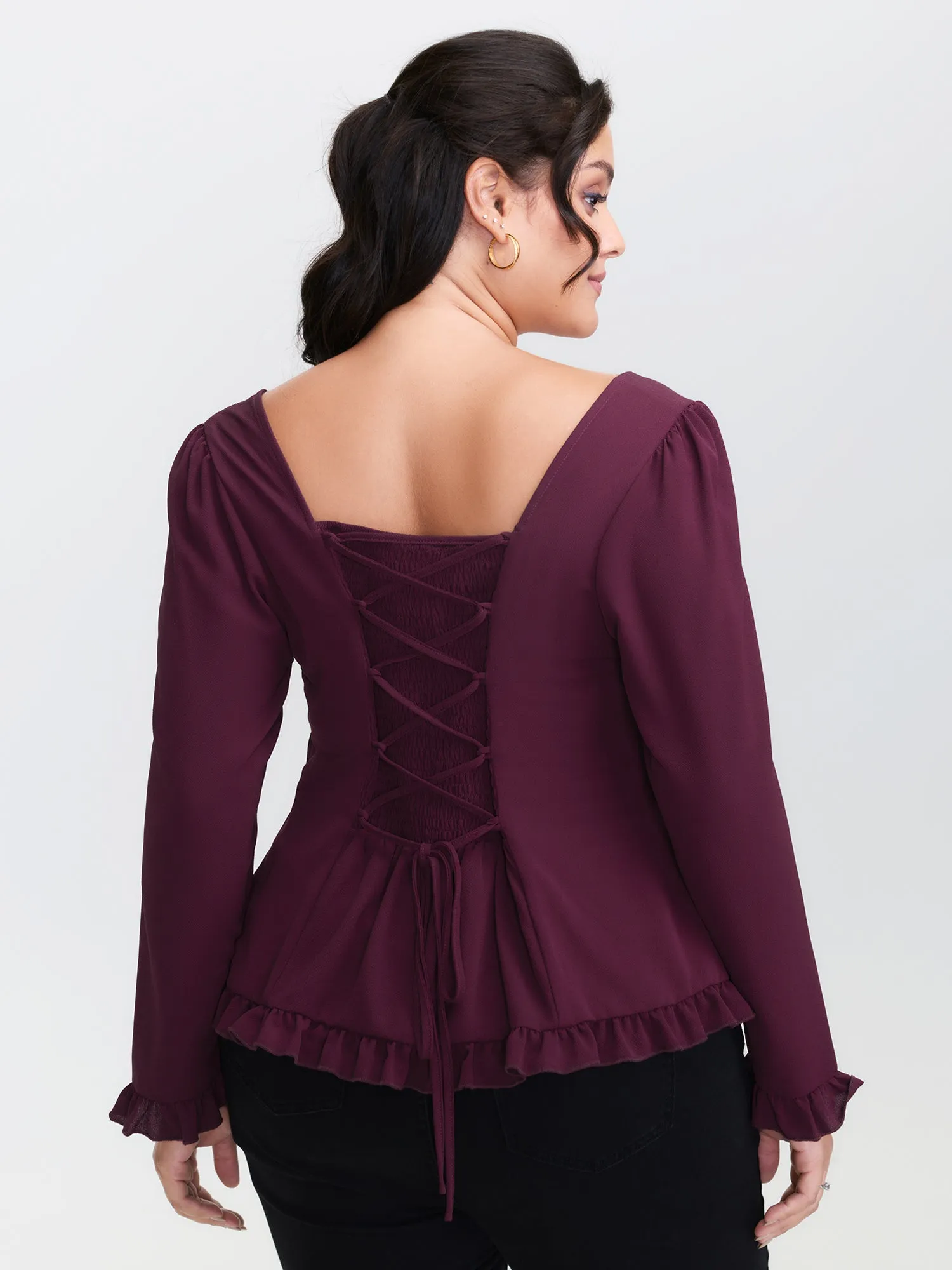 Back-Tie Sweetheart Neckline Ruffled Blouse sold by Bloomchic product image thumbnail 4