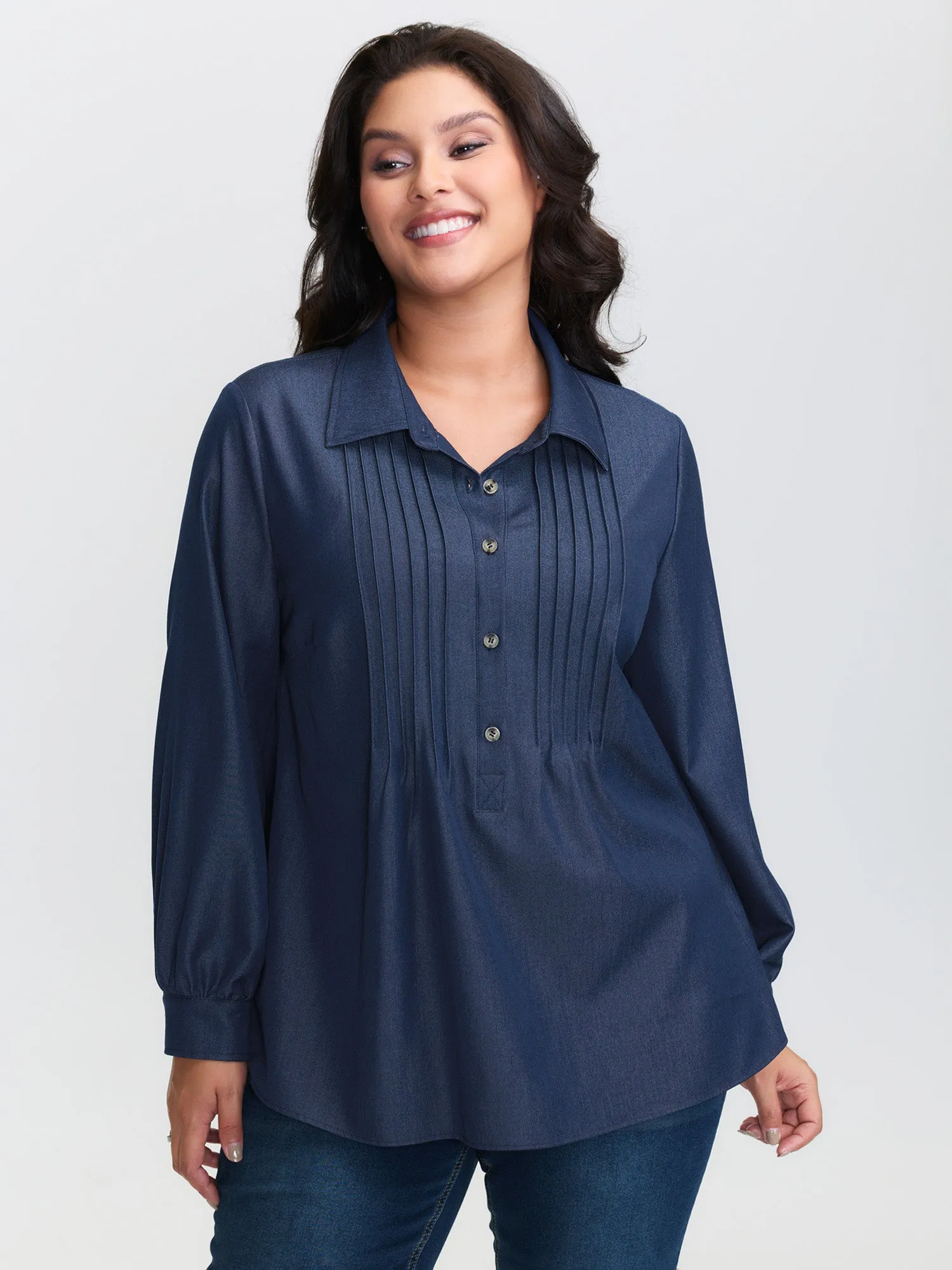 Buttons Pleated Denim Blouse sold by Bloomchic