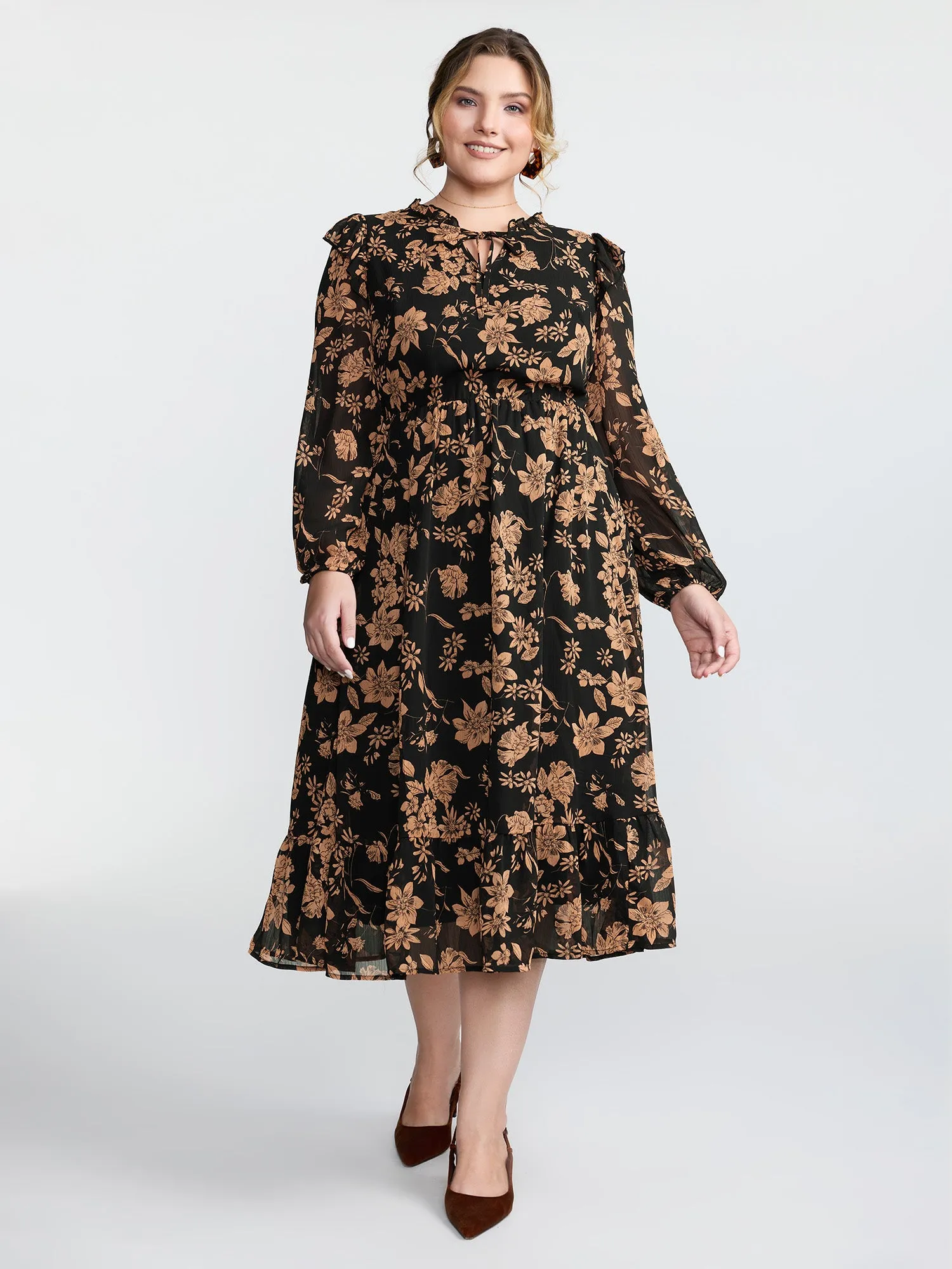 Chiffon Silhouette Flower Ruffled Midi Dress sold by Bloomchic product image thumbnail 3