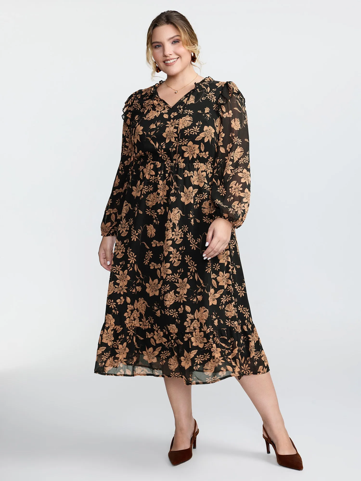 Chiffon Silhouette Flower Ruffled Midi Dress sold by Bloomchic