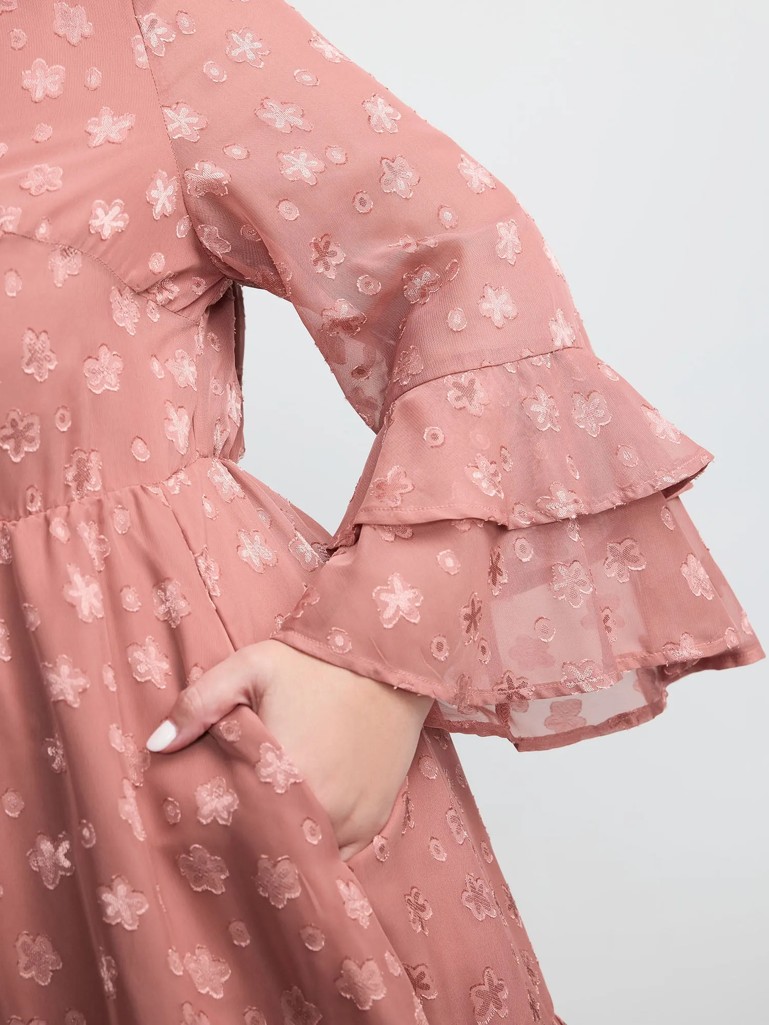 Floral Textured Layered Sleeve Sheer Mini Dress sold by Bloomchic product image thumbnail 2