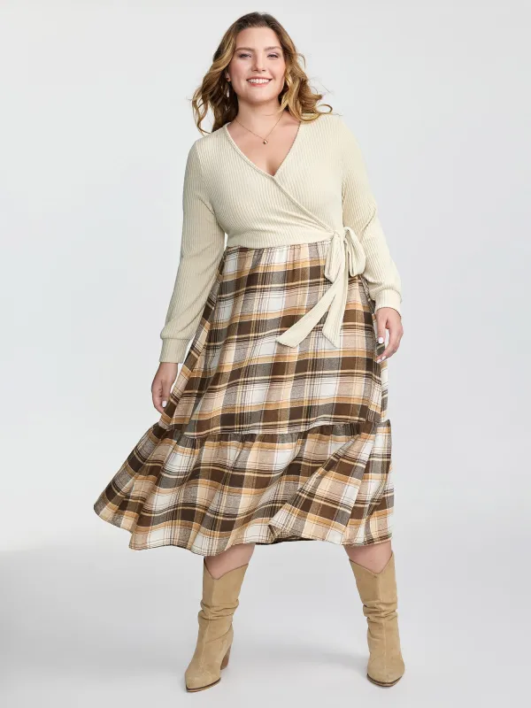 Plaid Contrast Wrap Neckline Midi Dress sold by Bloomchic